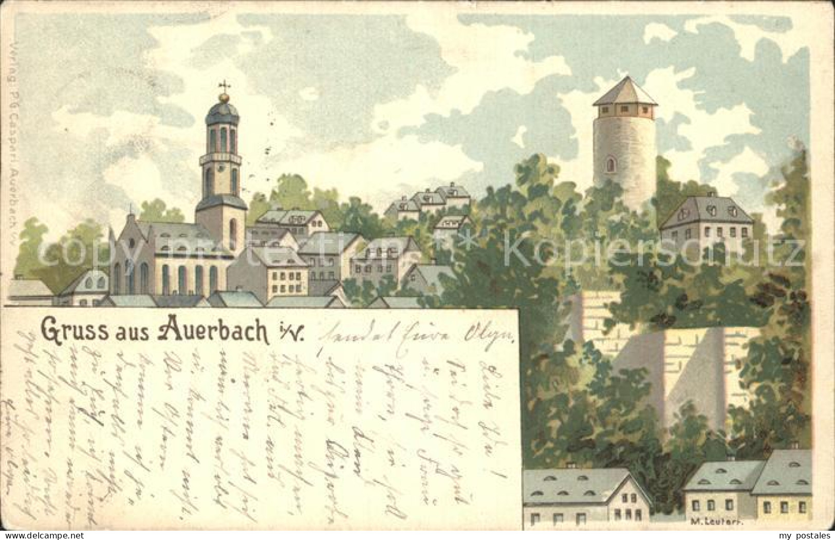 42286885 Auerbach Vogtland Ortsansicht Mit Kirche Turm Kuenstlerkarte Auerbach - Auerbach (Vogtland)