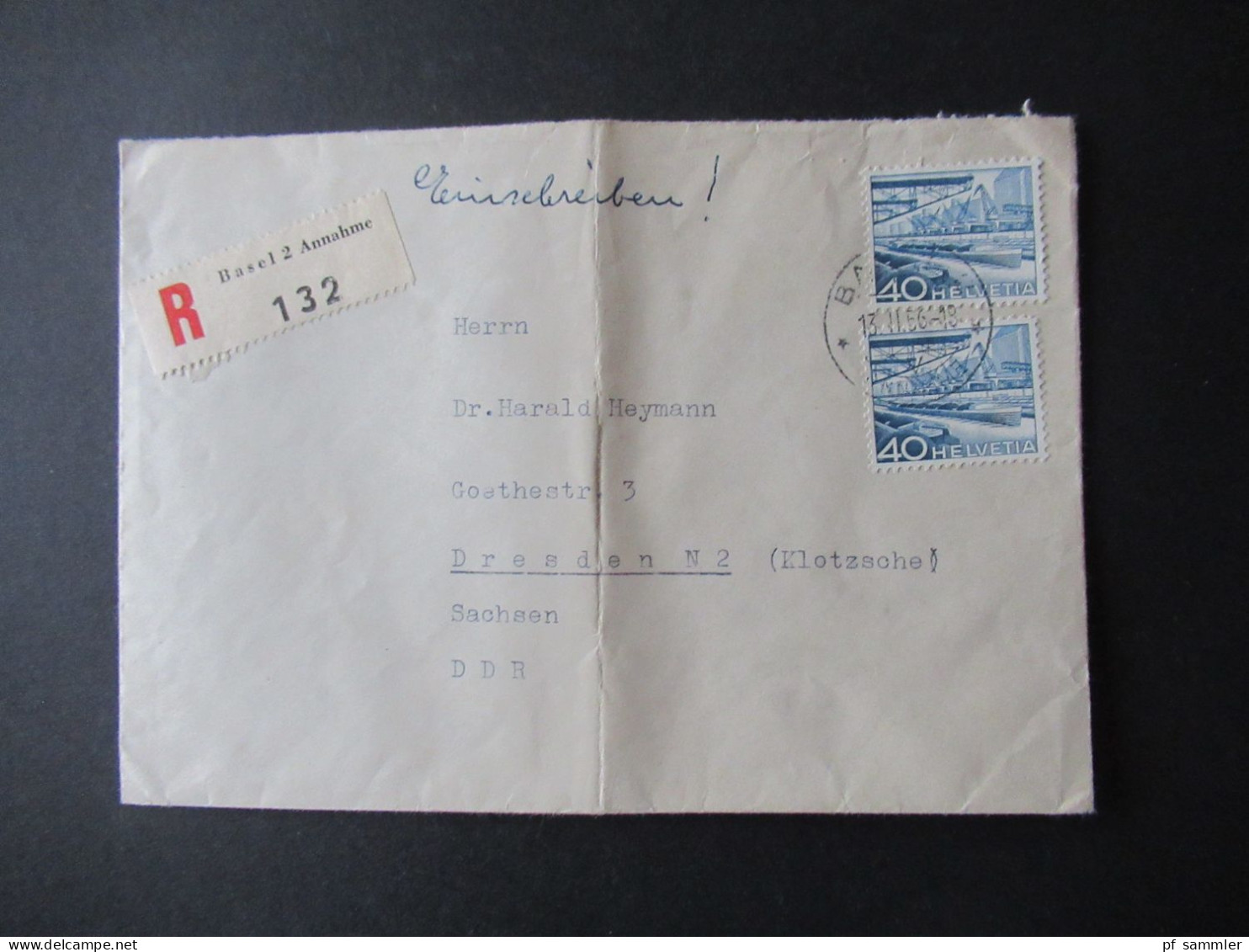 Schweiz 1956 Freimarken Landschaften Nr.537 (2) MeF Einschreiben Basel 2 Annahme Nach Dresden Klotzsche DDR - Cartas & Documentos
