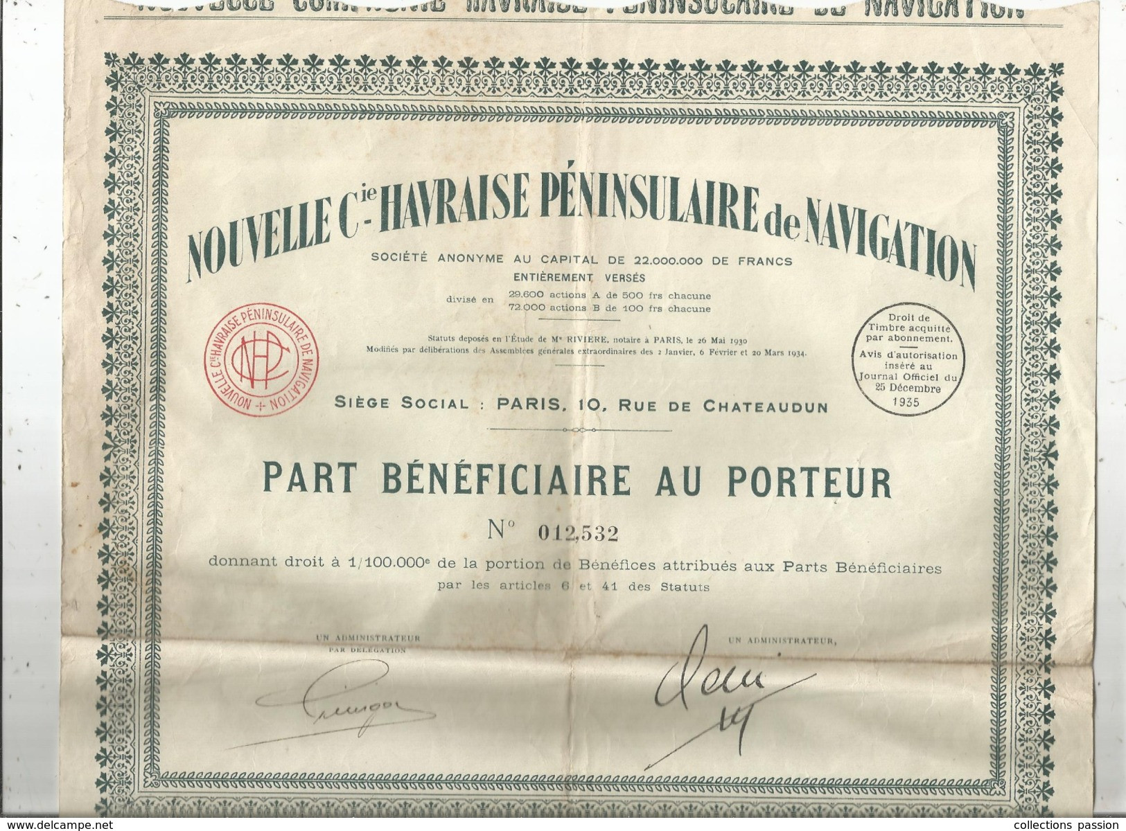 Part Bénéficiaire Au Porteur , Nouvelle Cie Havraise Péninsulaire De Navigation , 1935 , Fraisfr :1.95&euro; - Autres & Non Classés