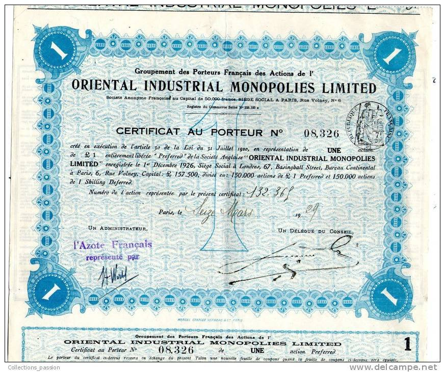 Action , 1£ , Oriental Industrial Monopolies Limited , 1929 , Groupement Des Porteurs Français , Frais Fr : 1.95 - Andere & Zonder Classificatie
