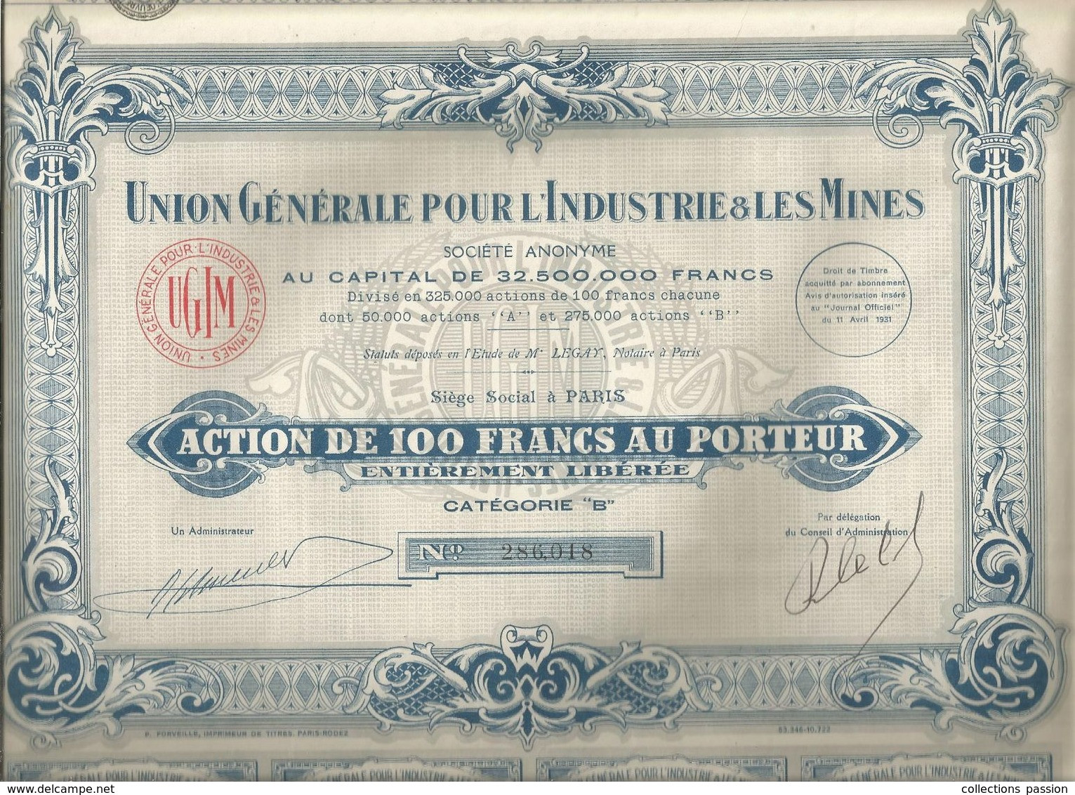Action De 100 Francs, Catégorie B, Union Générale Pour L'Industrie & Les Mines,Paris 1931 , Frais Fr 1.95 E - Autres & Non Classés
