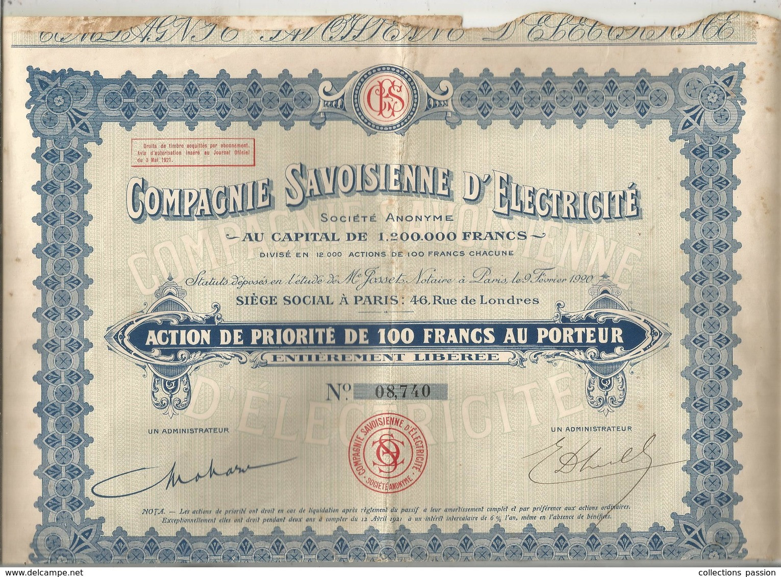 Action  De 100 Francs , COMPAGNIE SAVOISIENNE D'ELETRICITE ,PARIS , Frais Fr 1.95e - Autres & Non Classés