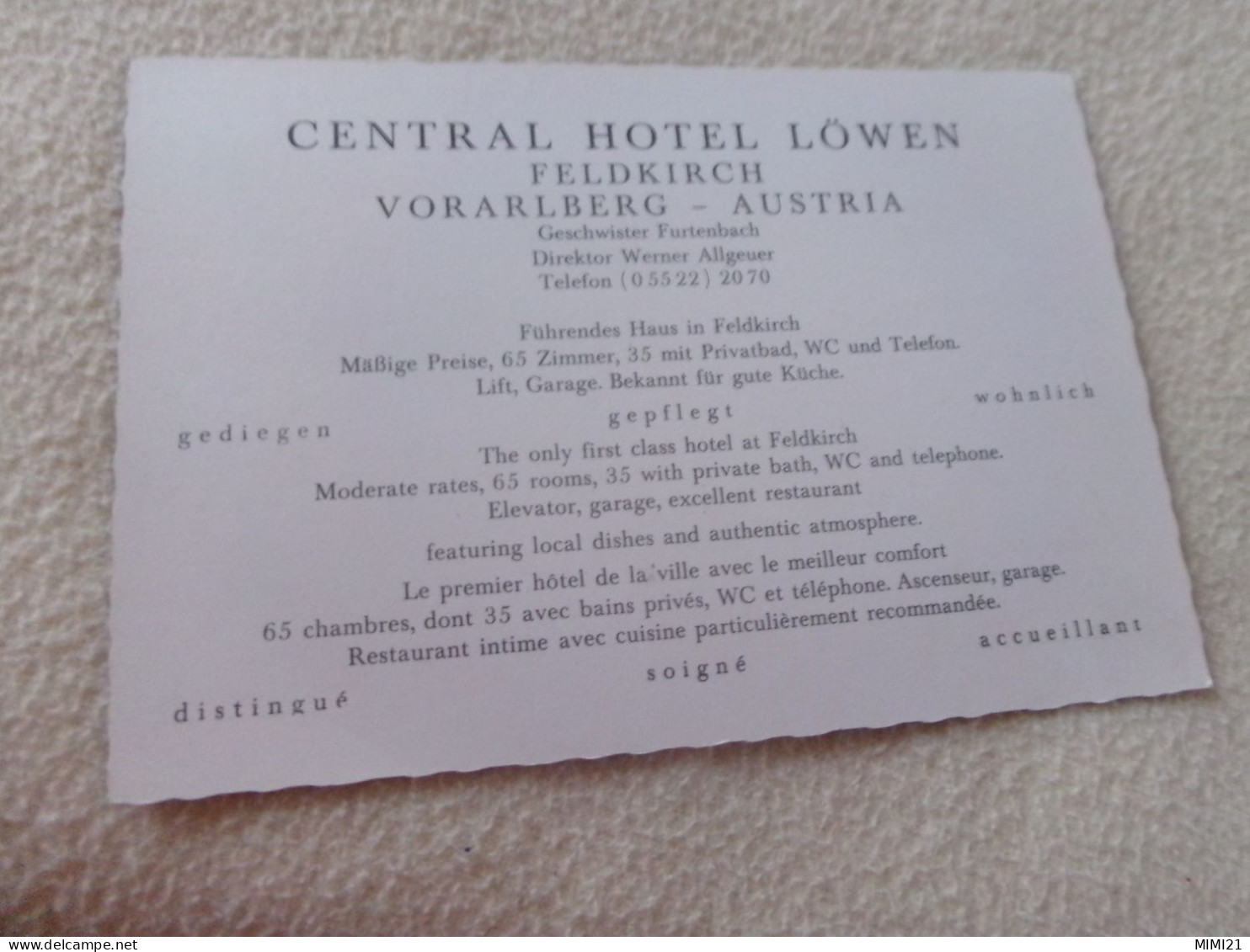 BELLE CARTE PUBLICITE ..."CENTRAL HOTEL LOWEN..." ... - Feldkirch