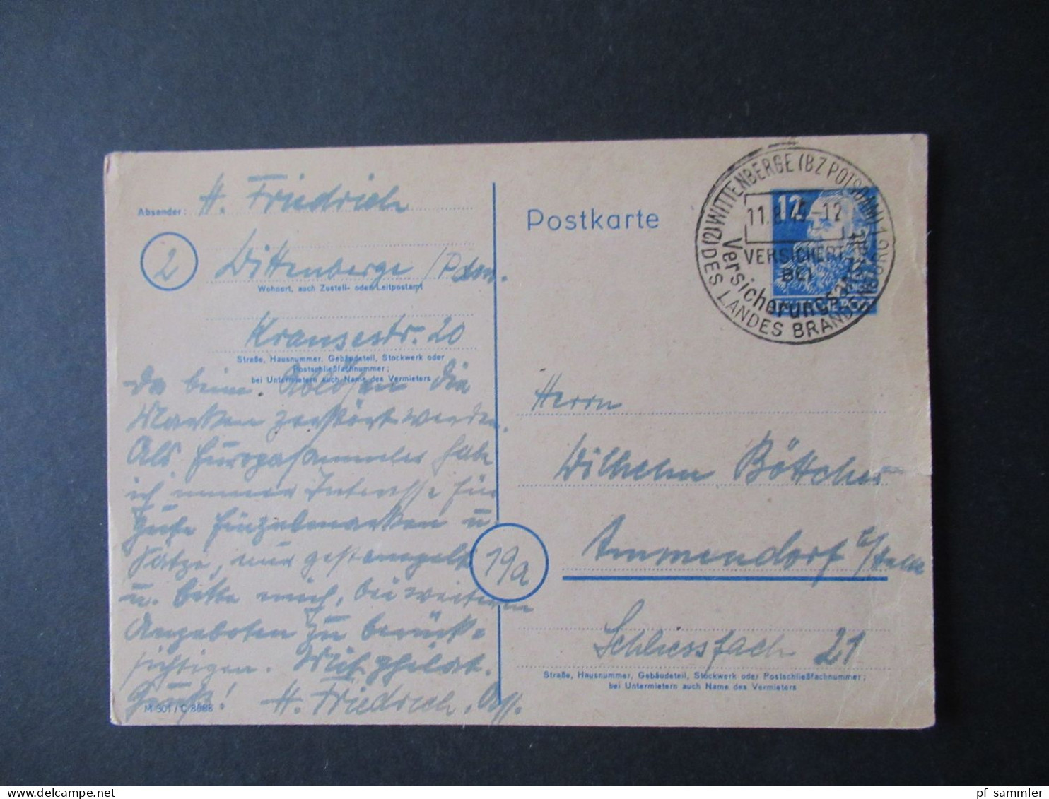 SBZ / DDR Ganzsache Sonderstempel 11.8.1949 Wittenberge (BZ Potsdam) Aus Dem Bedarf Mit Viel Text / Inhalt - Brieven En Documenten