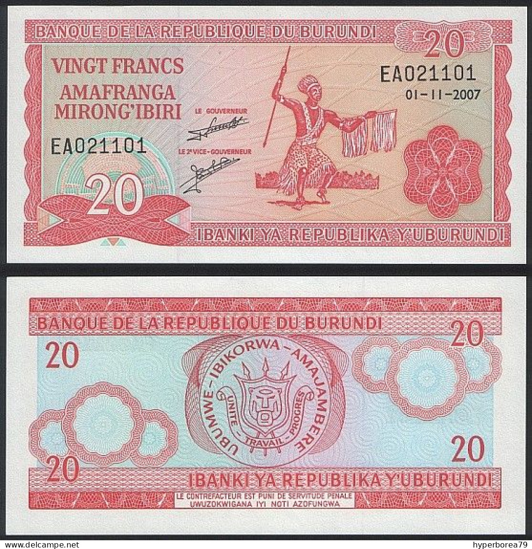 Burundi P 27 D - 20 Francs 1.11.2007 - UNC - Burundi