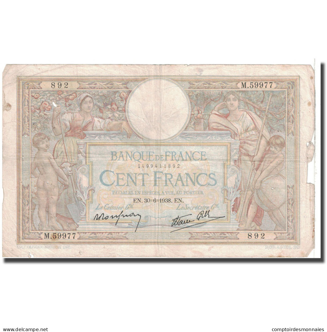 France, 100 Francs, Luc Olivier Merson, 1938, 1938-06-30, TB, Fayette:25.24 - 100 F 1908-1939 ''Luc Olivier Merson''