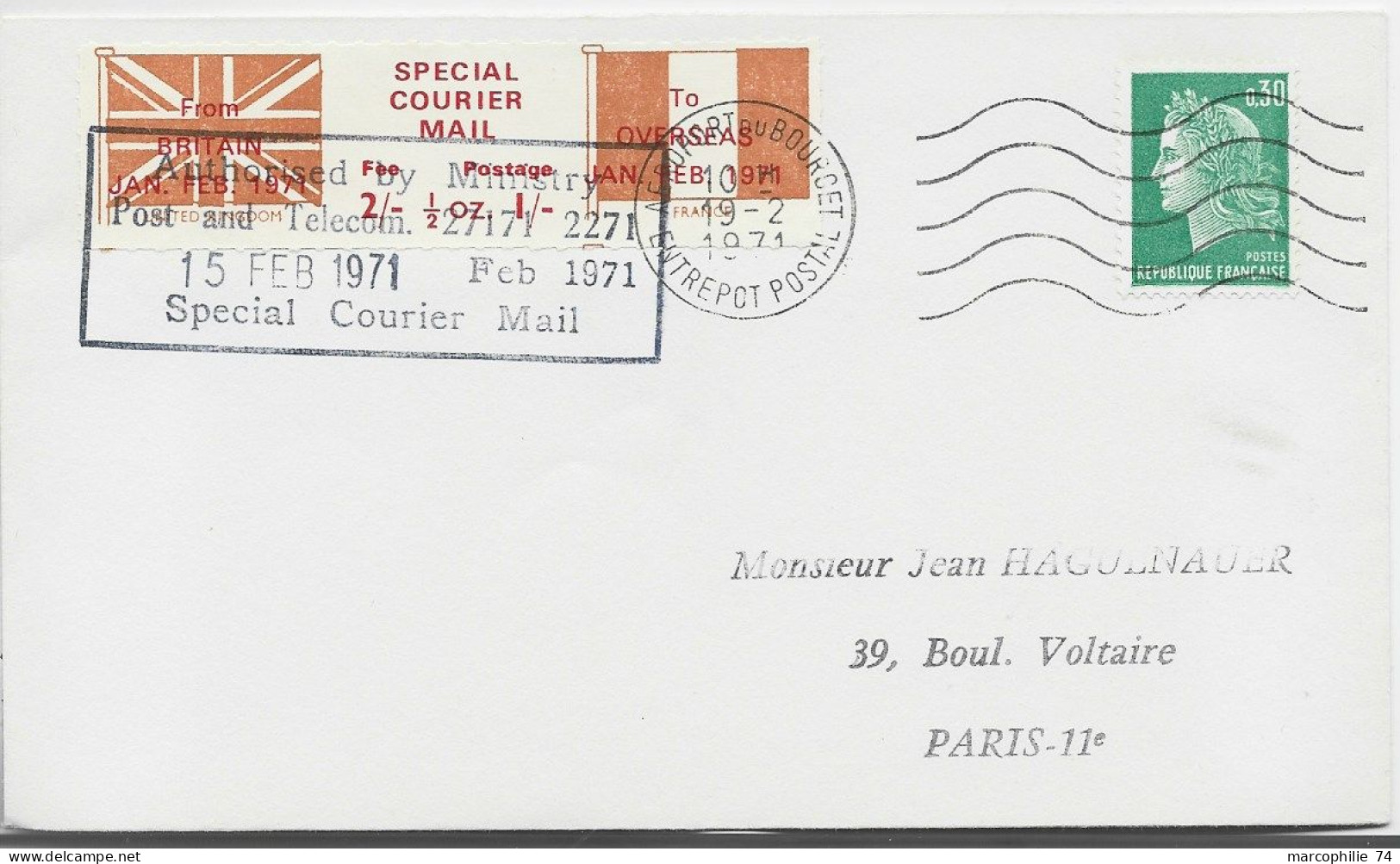 CHEFFER 30C VERT LETTRE MEC AEROPORT DU BOURGET 19.2.1971 ENTREPOT POSTAL + VIGNETTE GREVE ENGLAND FRANCE SPECIAL - 1967-1970 Marianna Di Cheffer