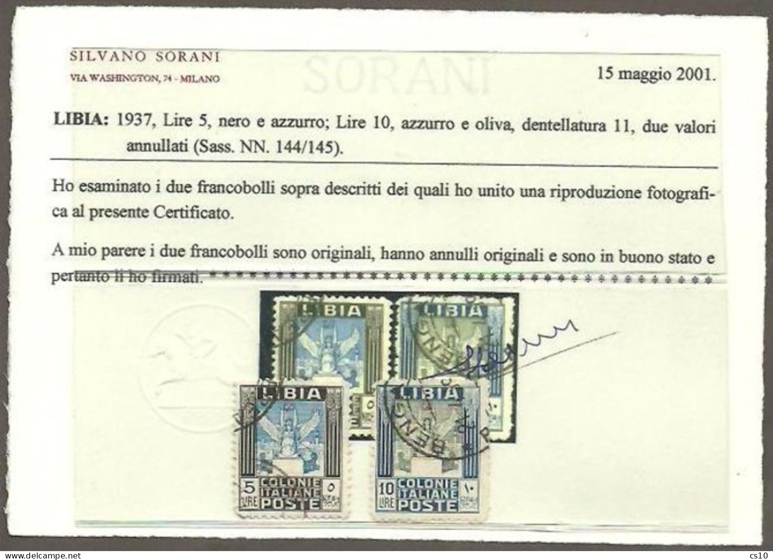 Libia Libya Italy Colonia 1937 AAVV HVs  Pittorica L.5 + L.10 Usati #.144/5 Dent.11 - Certificato Sorani - Collections