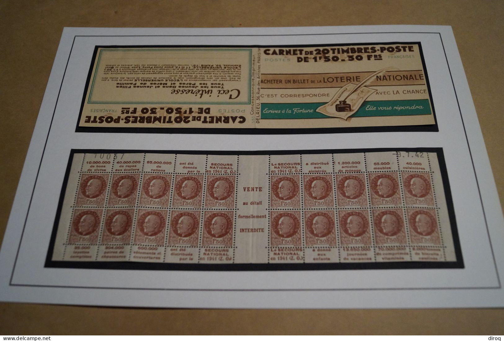 Ancien Carnet De 20 Timbres Publicitaires Secours National 1941,Loterie,France,complet, RARE - Nuevos