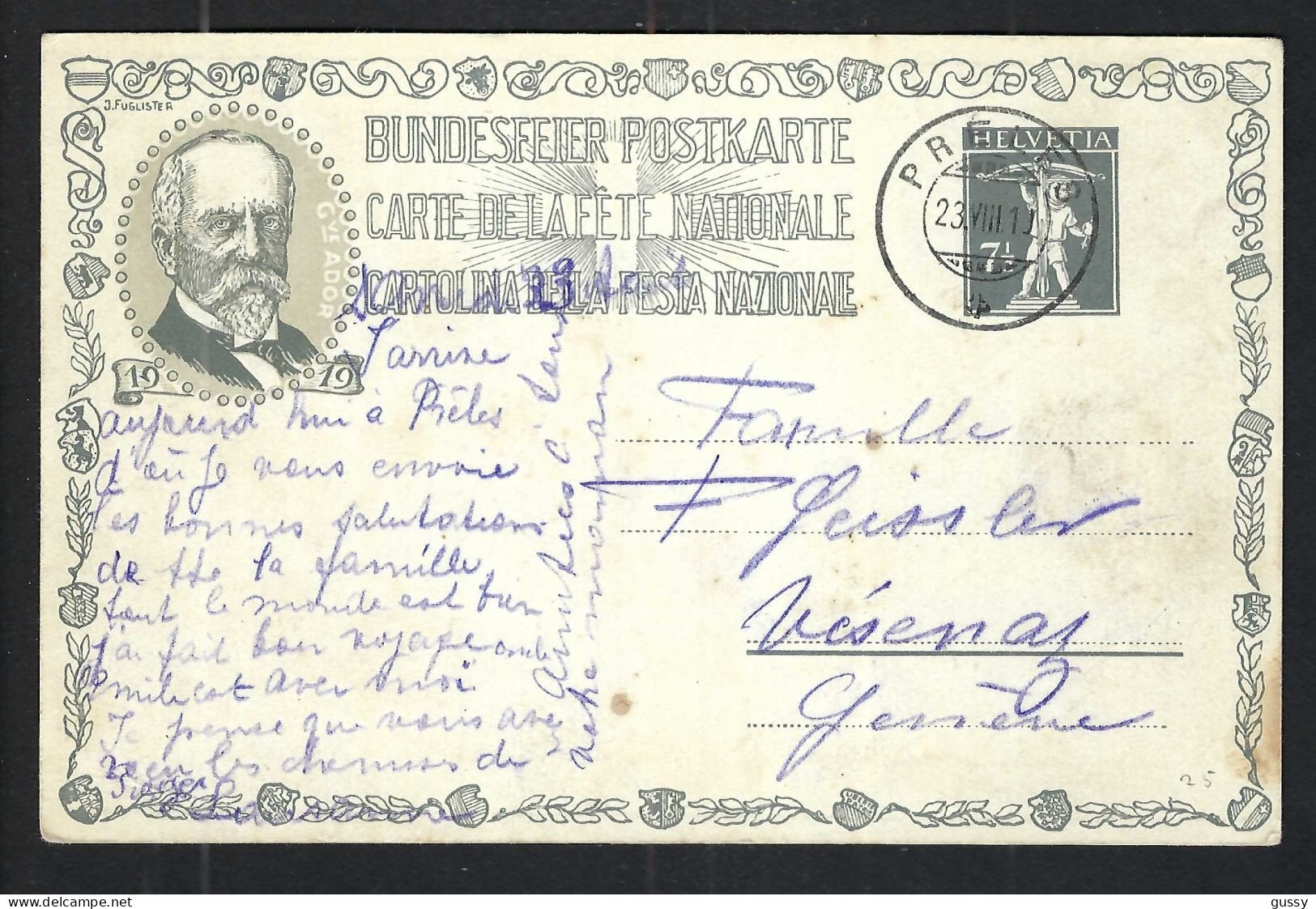 SUISSE Ca.1919: CP Ill. Entier De 7.5c De La Fête Nationale Suisse, Obl. CAD Prêles (BE) Pour Genève (GE) - Entiers Postaux