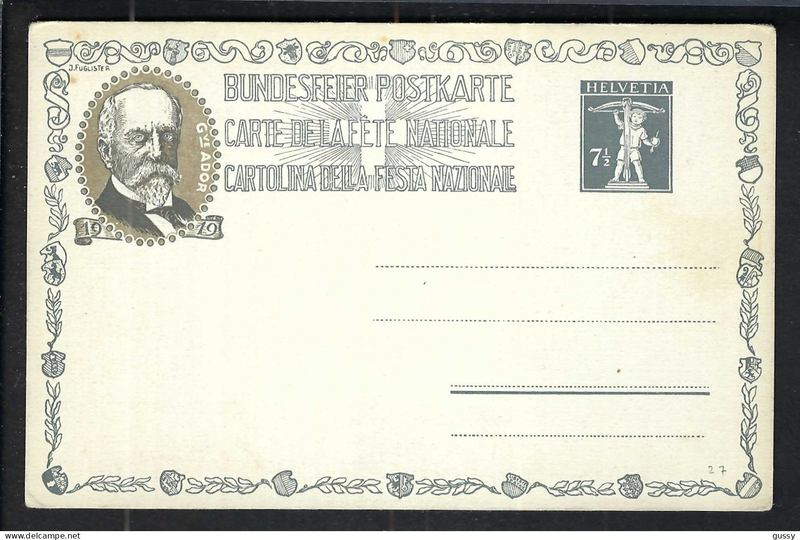 SUISSE Ca.1919: CP Ill. Entier De 7.5c De La Fête Nationale Suisse, Neuve - Entiers Postaux