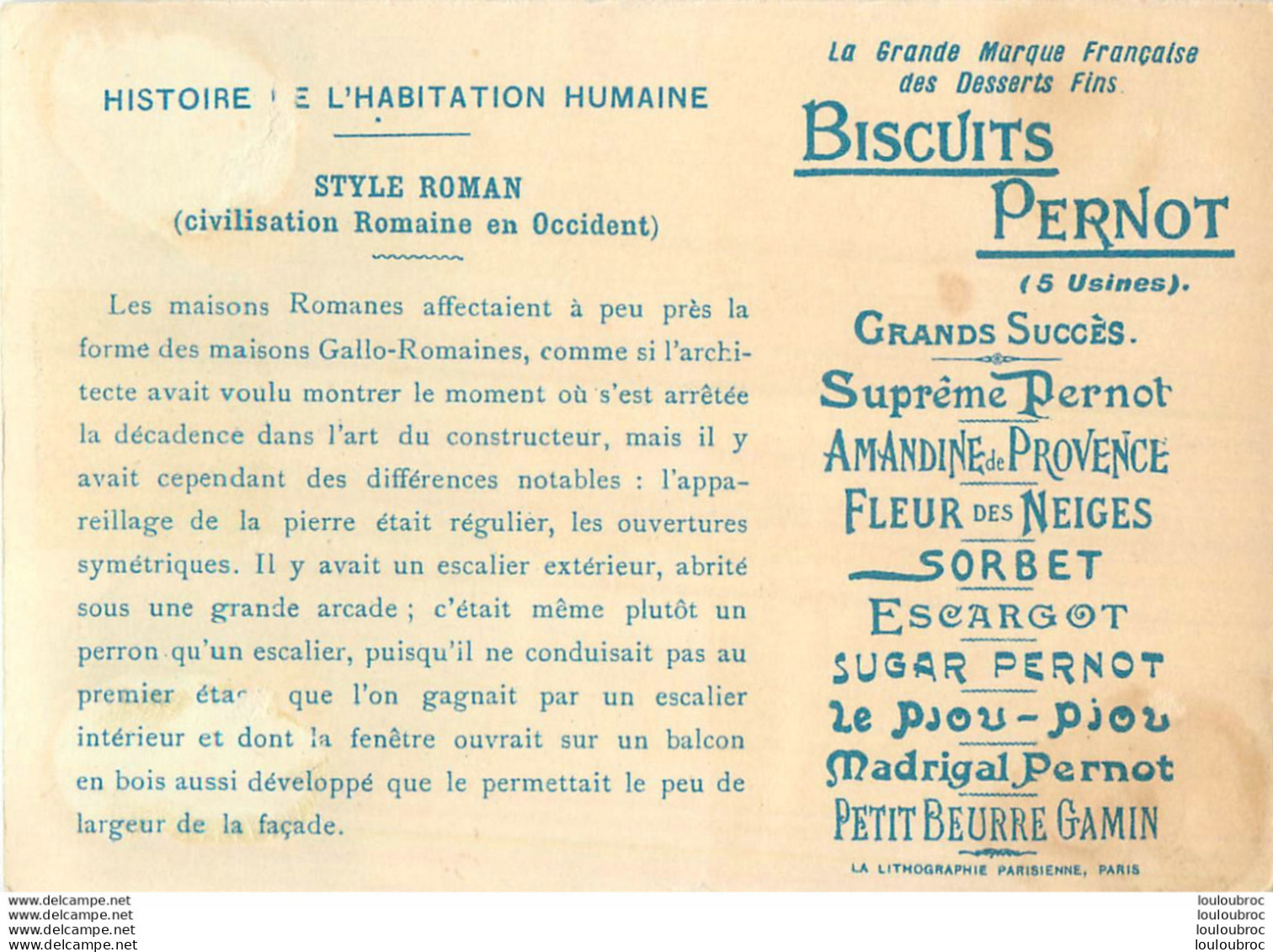 CHROMO BISCUITS PERNOT HISTOIRE DE L'HABITATION HUMAINE STYLE ROMAN - Pernot
