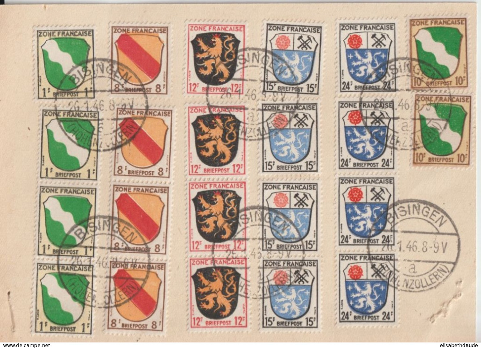 1946 - ZONE FRANCAISE - ARMOIRIES Dont YVERT N°5 X 2 ! (COTE = 40 EUR) Sur CARTE VIERGE OBLITEREE BISINGEN HOHENZOLLERN - Amtliche Ausgaben