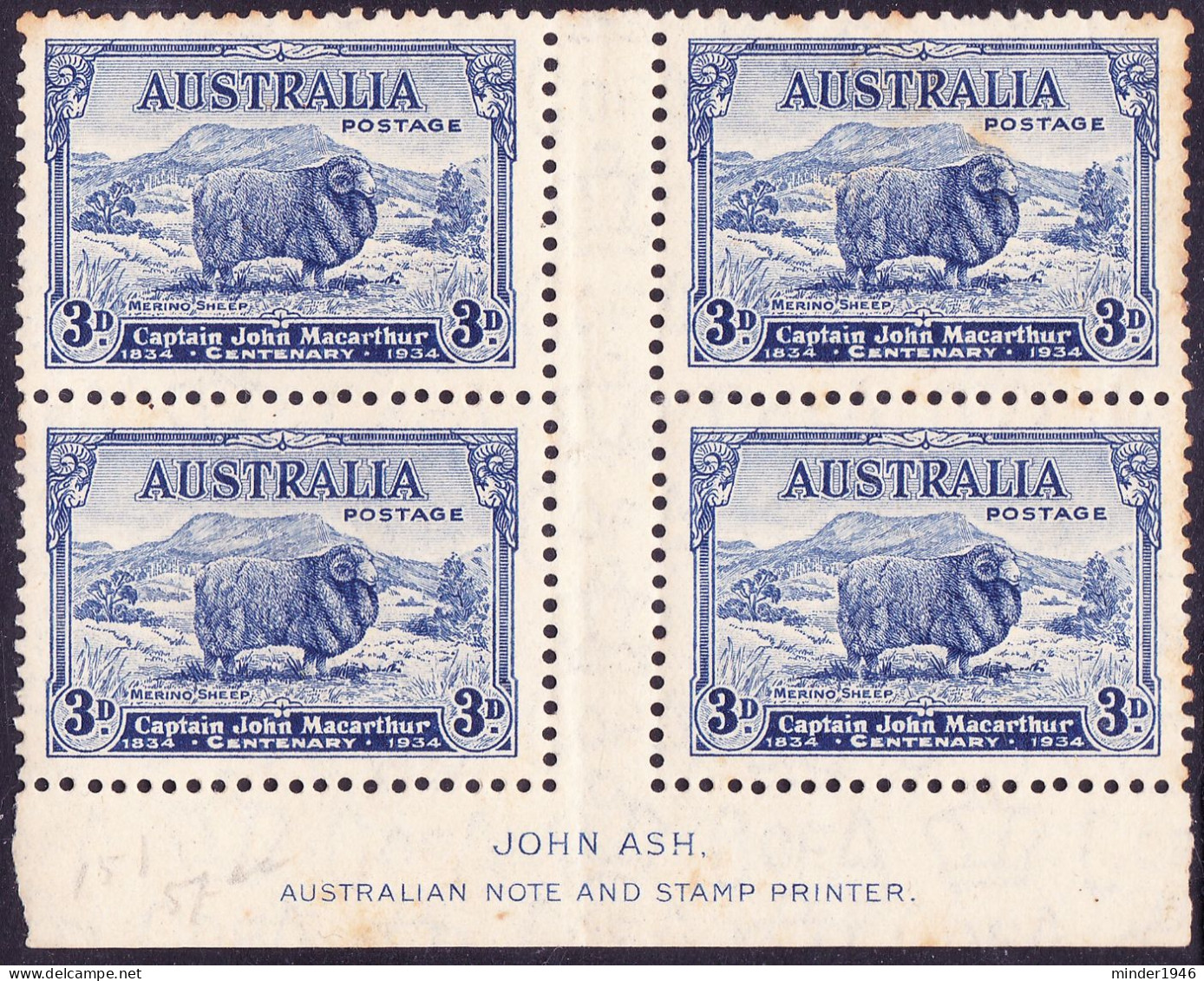 AUSTRALIA 1934 KGV 3d Blue, Marino Ram, Of 4 SG151 MNH With Bottom & Centre Gutters - Ongebruikt