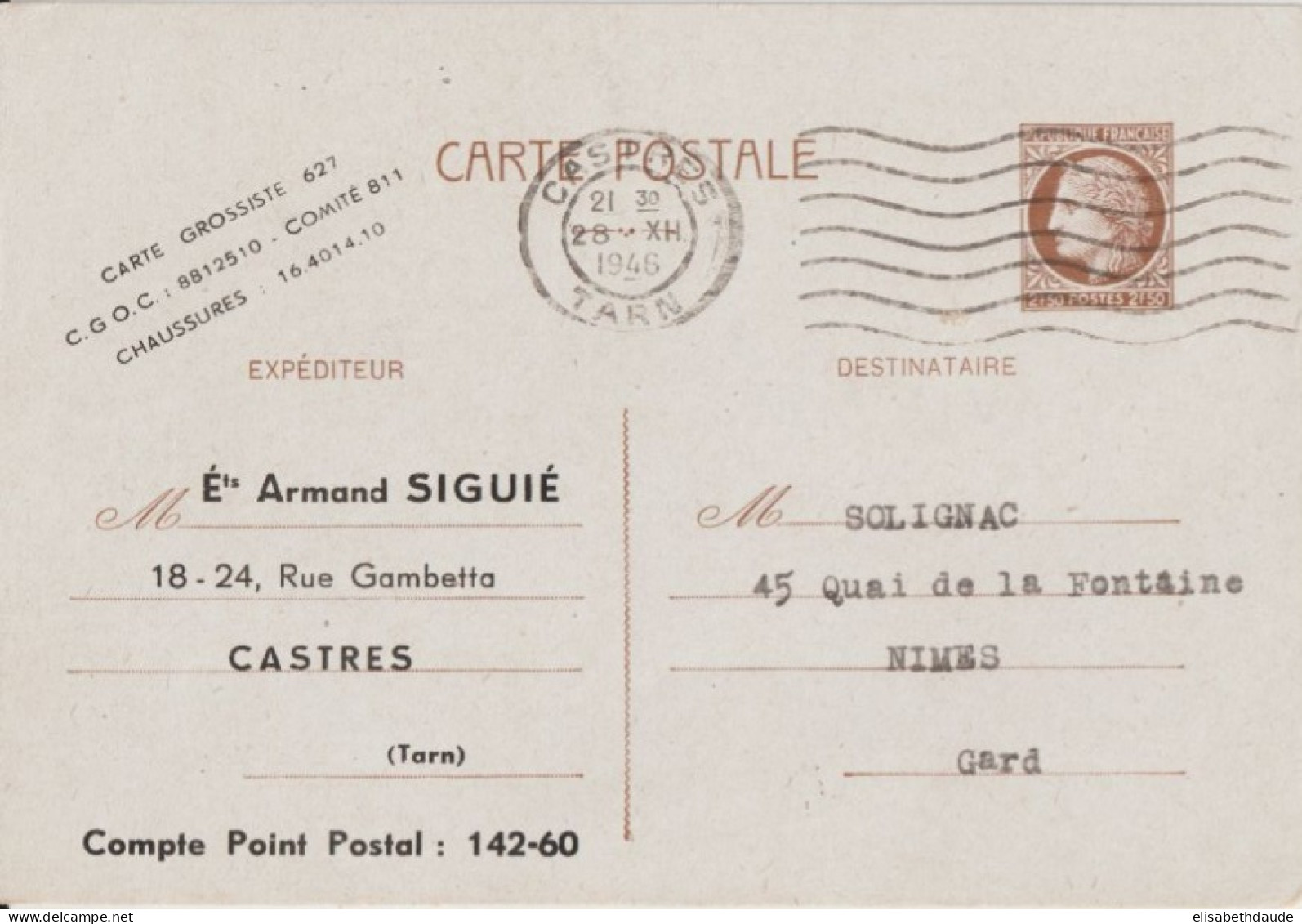 1946 - REPIQUAGE PRIVE ! CP ENTIER MAZELIN REPIQUEE "ARMAND SIGUIE" à CASTRES (TARN) => NIMES - Overprinter Postcards (before 1995)