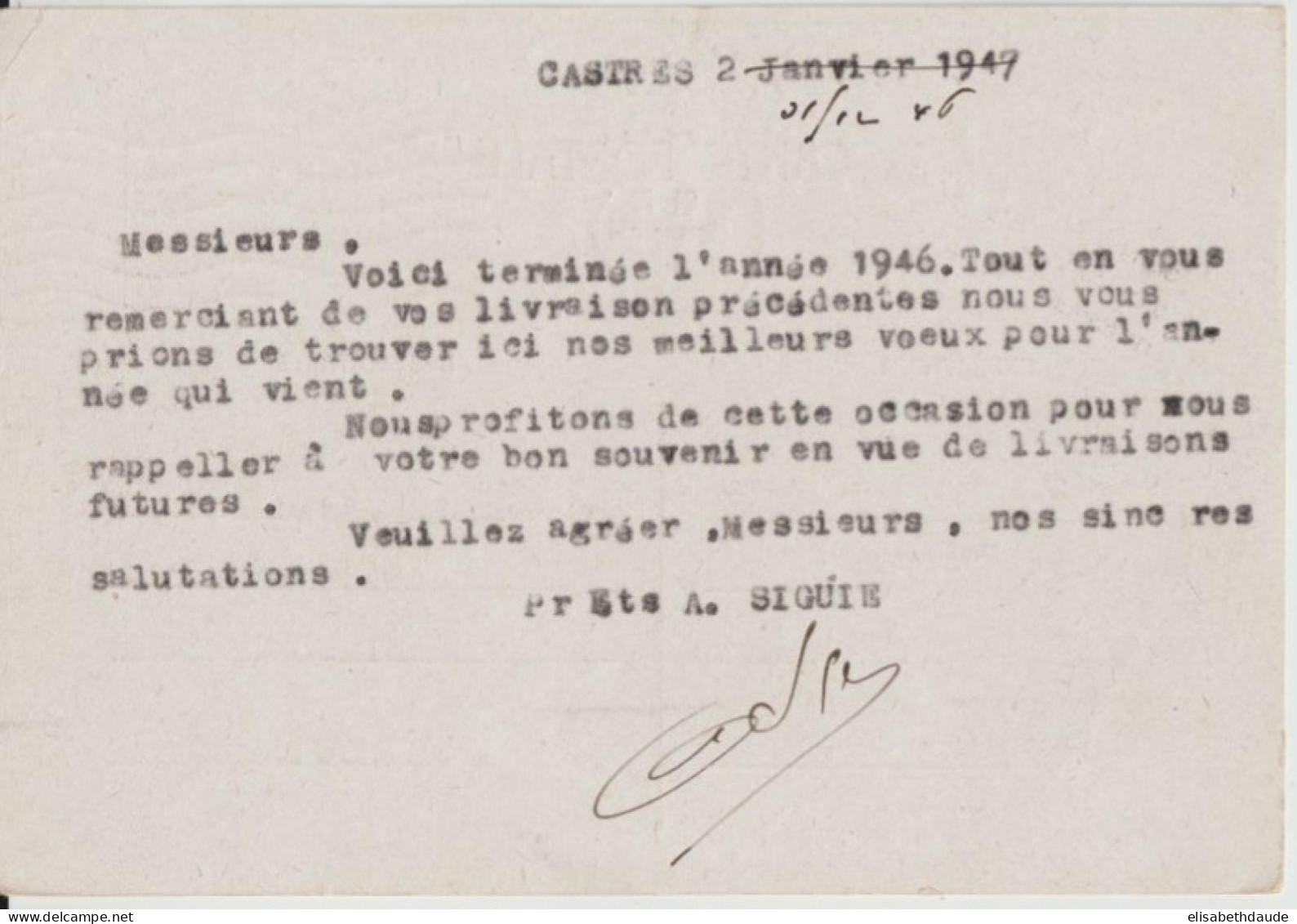 1946 - REPIQUAGE PRIVE ! CP ENTIER MAZELIN REPIQUEE "ARMAND SIGUIE" à CASTRES (TARN) => NIMES - Postales  Transplantadas (antes 1995)