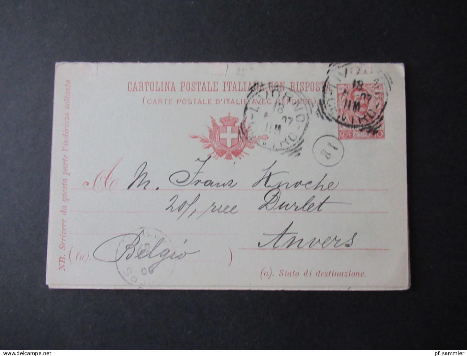 Italien 1907 Doppelkarte Livorno - Anvers Eigenhändige Karte AUTOGRAMM UNTERSCHRIFT Sperati / Bruder Von Jean De Sperati - Ganzsachen