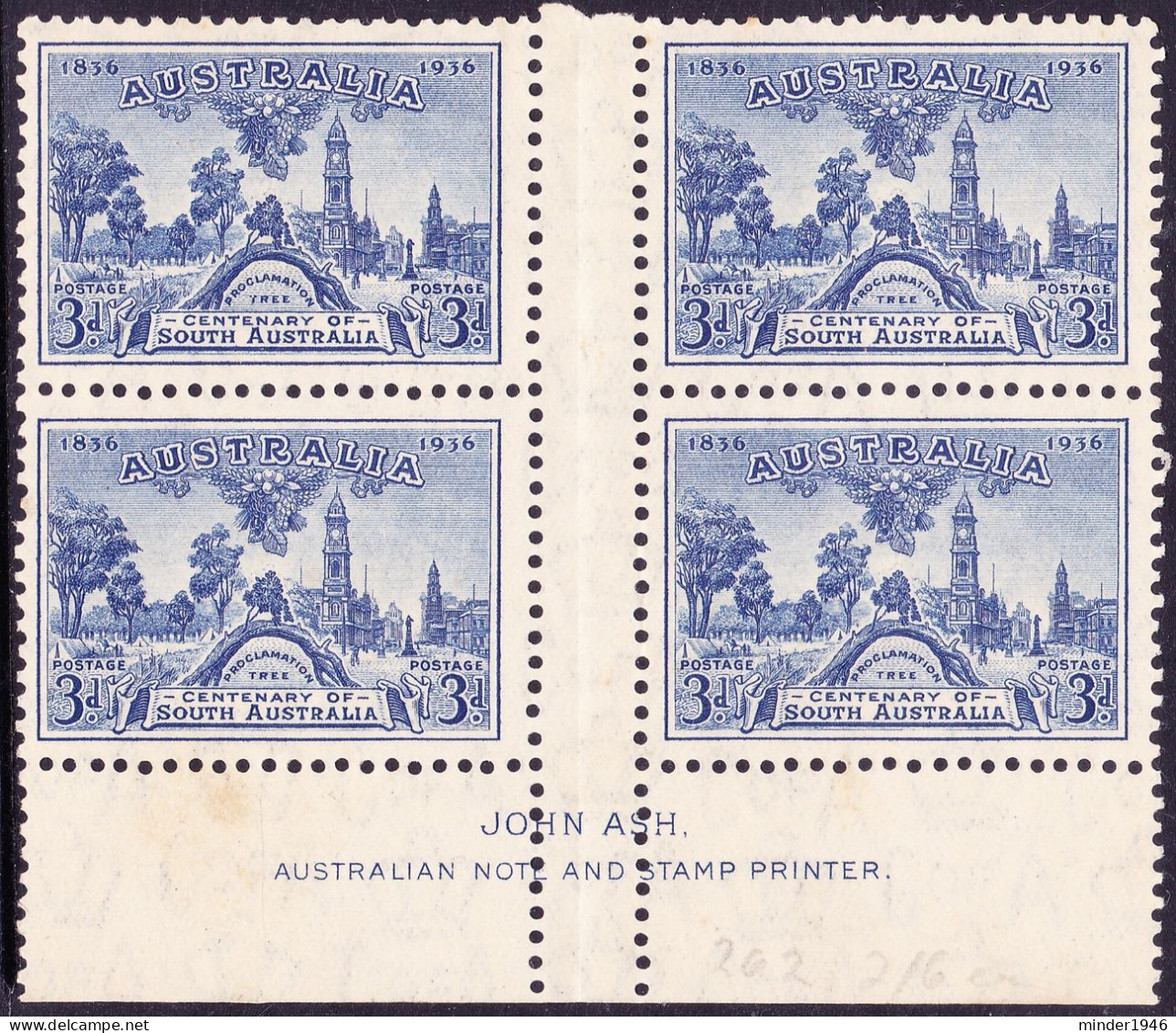 AUSTRALIA 1936 KGV 3d Blue, Centenary Of South Australia, Of 4 SG162 MNH With Bottom & Centre Gutters - Mint Stamps