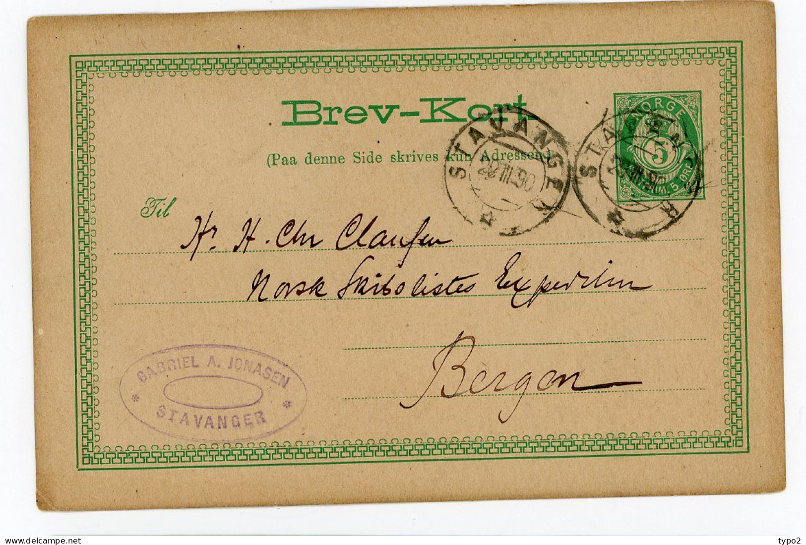 NORVEGE CARTE 1890 De STAVANGER A BERGEN 2 Scans - Briefe U. Dokumente