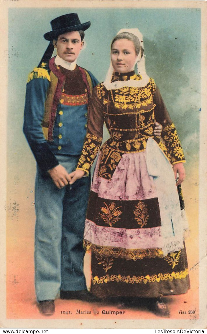 FOLKLORE - Costume - Mariés Quimper - Colorisé - Carte Postale Ancienne - People