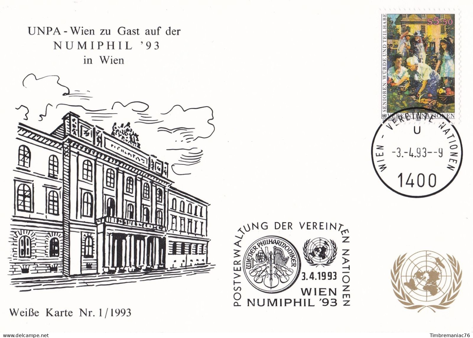 Nations Unies Vienne. Carte Postale 1993 YT 157 Oblitéré 1er Jour - Maximumkarten