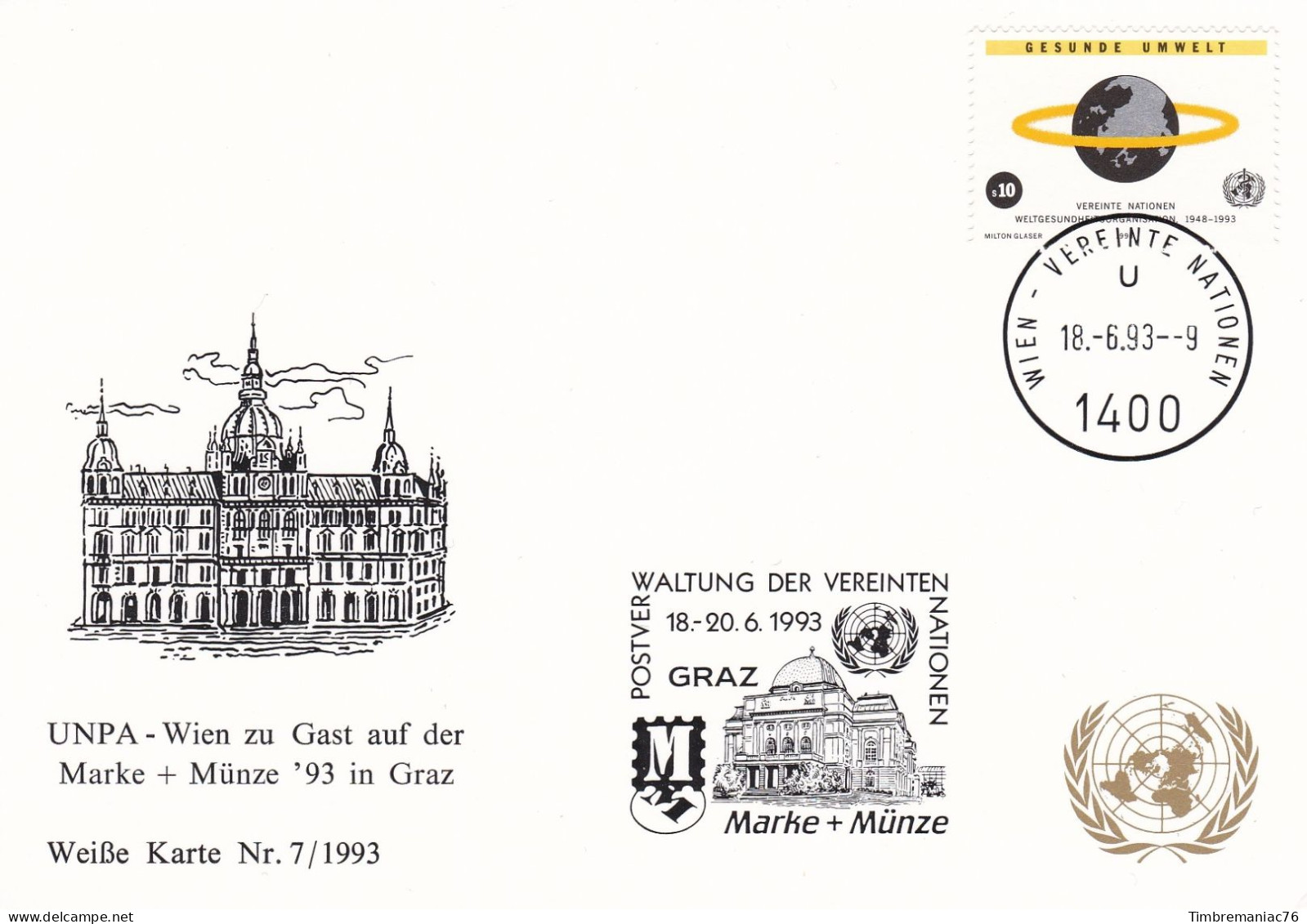 Nations Unies Vienne. Carte Postale 1993 YT 164 Oblitéré 1er Jour - Maximumkaarten