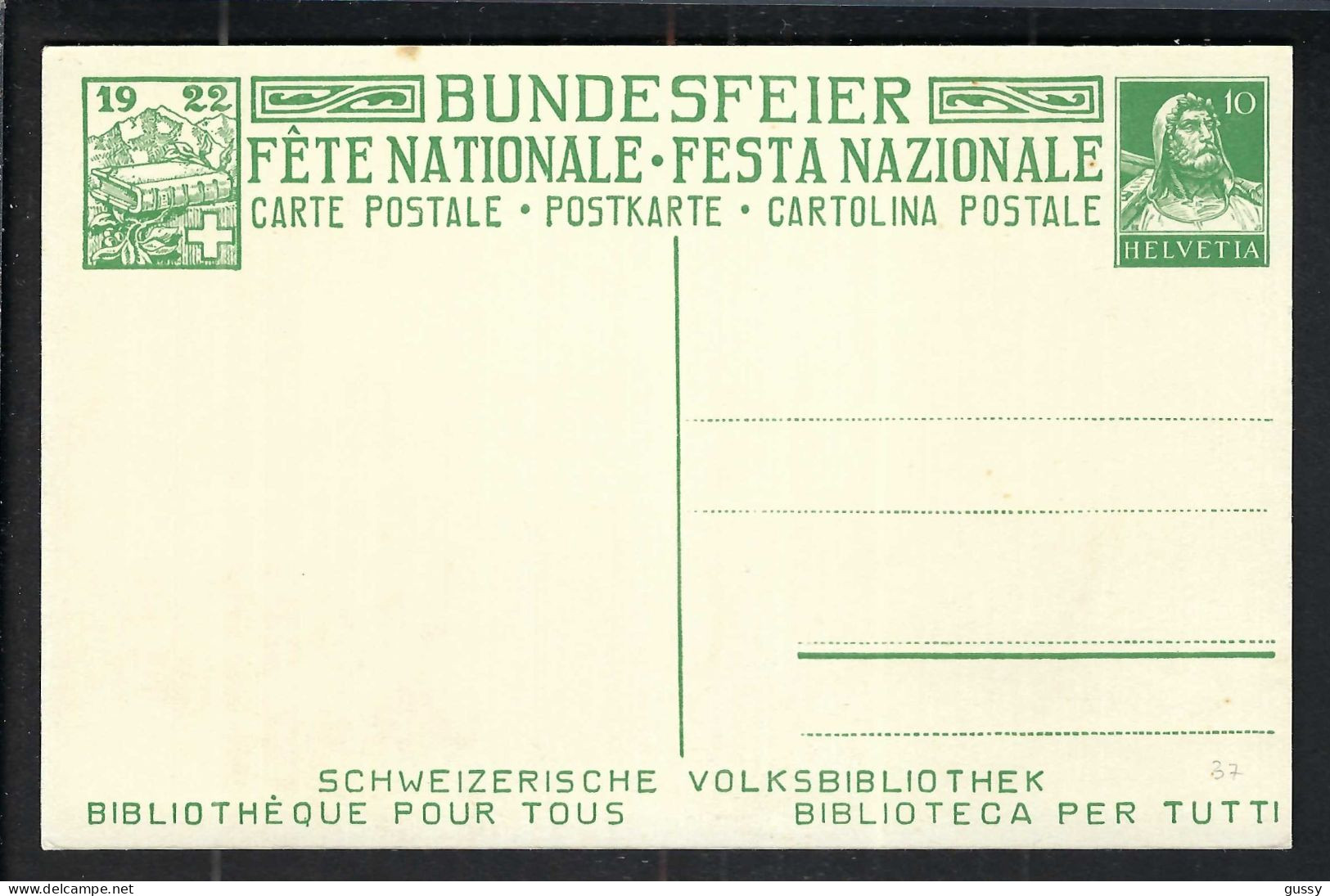 SUISSE Ca.1922: CP Ill. Entier De 10c De La Fête Nationale Suisse, Neuve - Entiers Postaux