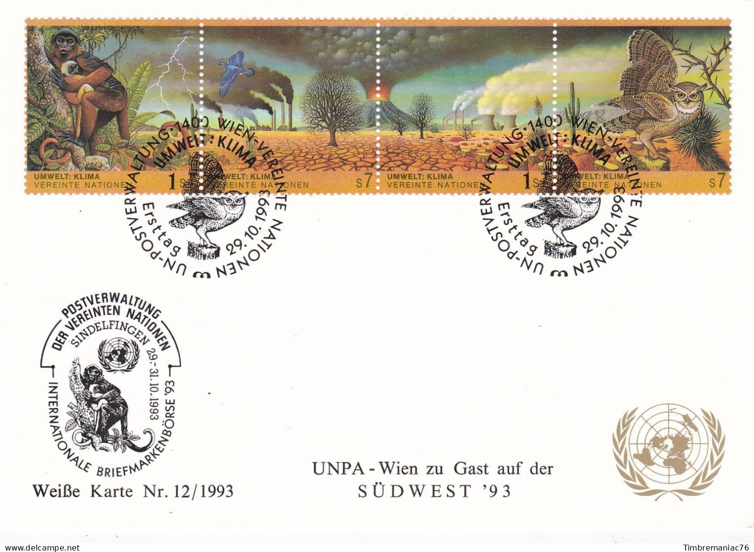Nations Unies Vienne. Carte Postale 1993 YT 176-177-178-179 Oblitérés 1er Jour - Tarjetas – Máxima