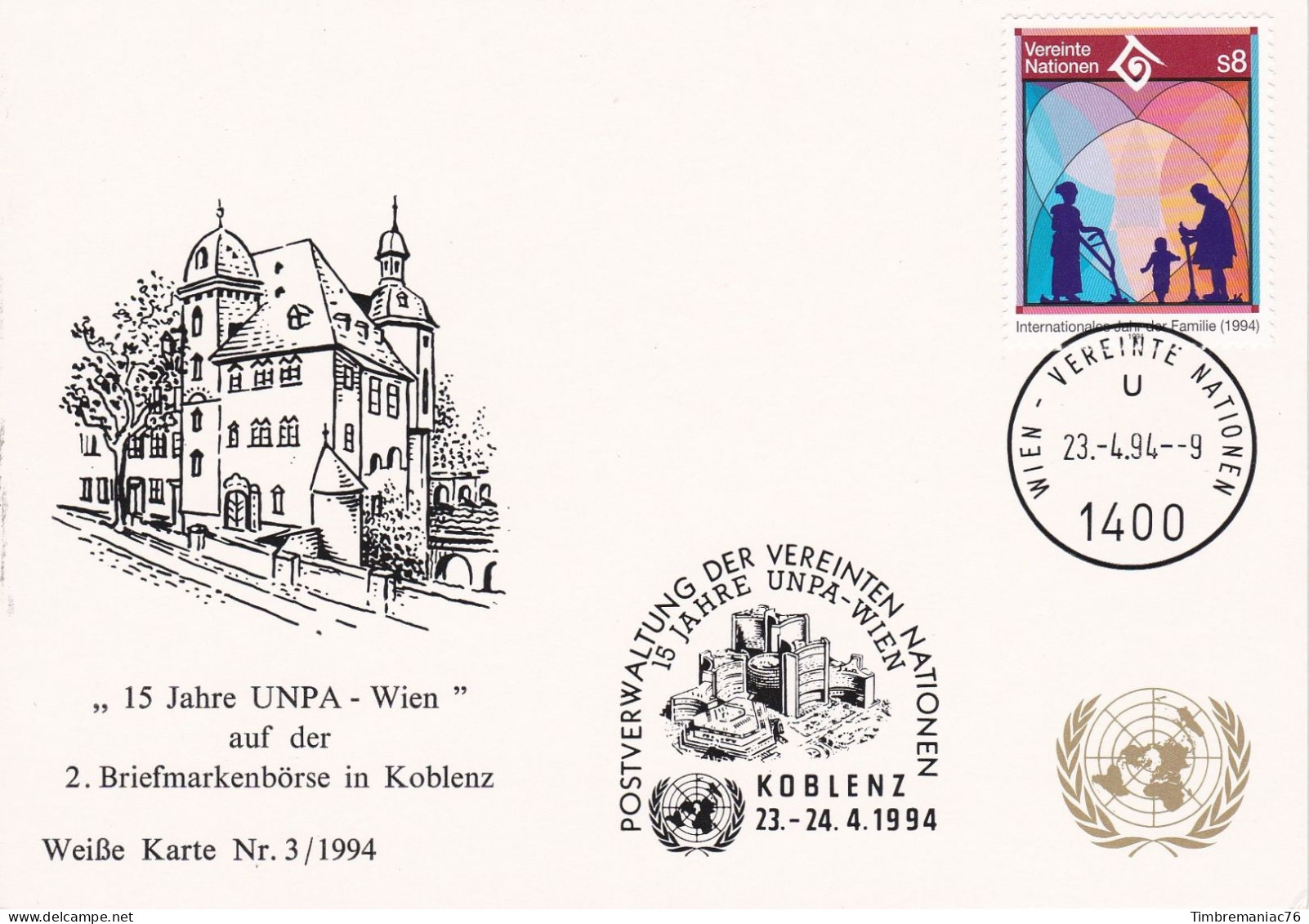 Nations Unies Vienne. Carte Postale 1994 YT 181 Oblitéré 1er Jour - Maximumkaarten