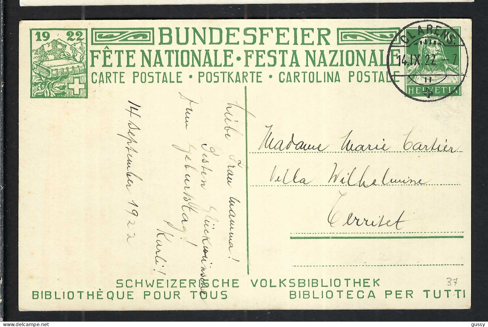 SUISSE Ca.1922: CP Ill. Entier De 10c De La Fête Nationale Suisse, Obl. CAD Clarens (VD) Pour Territet (VD) - Entiers Postaux