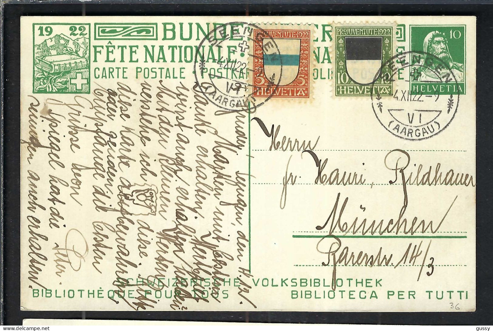 SUISSE Ca.1922: CP Ill. Entier De 10c De La Fête Nationale Suisse, Obl. CAD Seengen (AG) Pour Munich (Allemagne) - Entiers Postaux