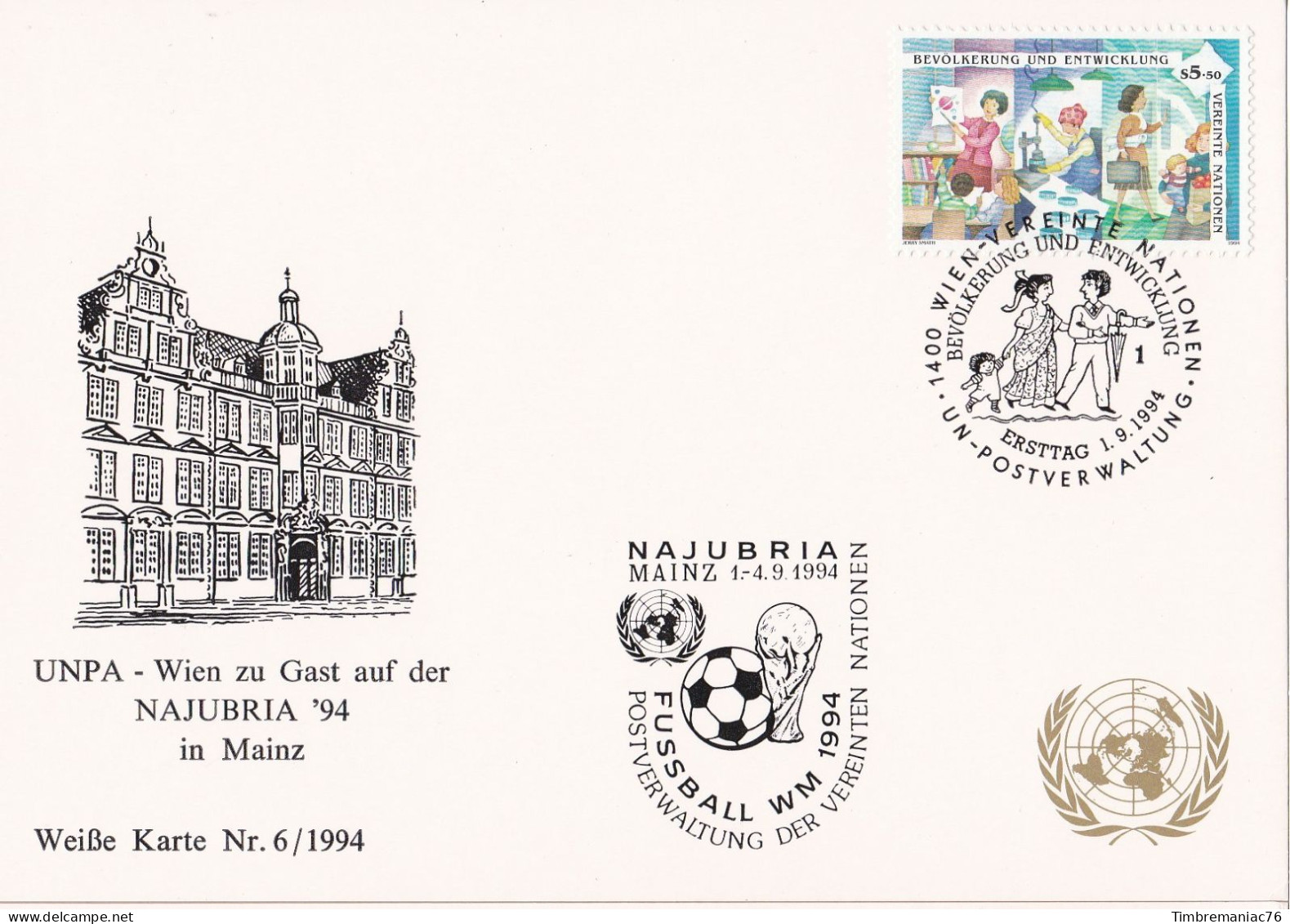 Nations Unies Vienne. Carte Postale 1994 YT 194 Oblitéré 1er Jour - Cartoline Maximum