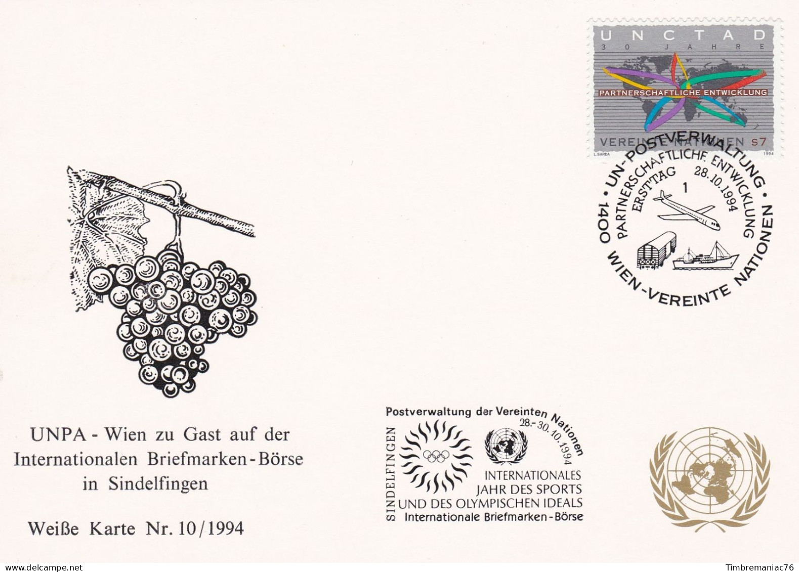 Nations Unies Vienne. Carte Postale 1994 YT 197 Oblitéré 1er Jour - Tarjetas – Máxima