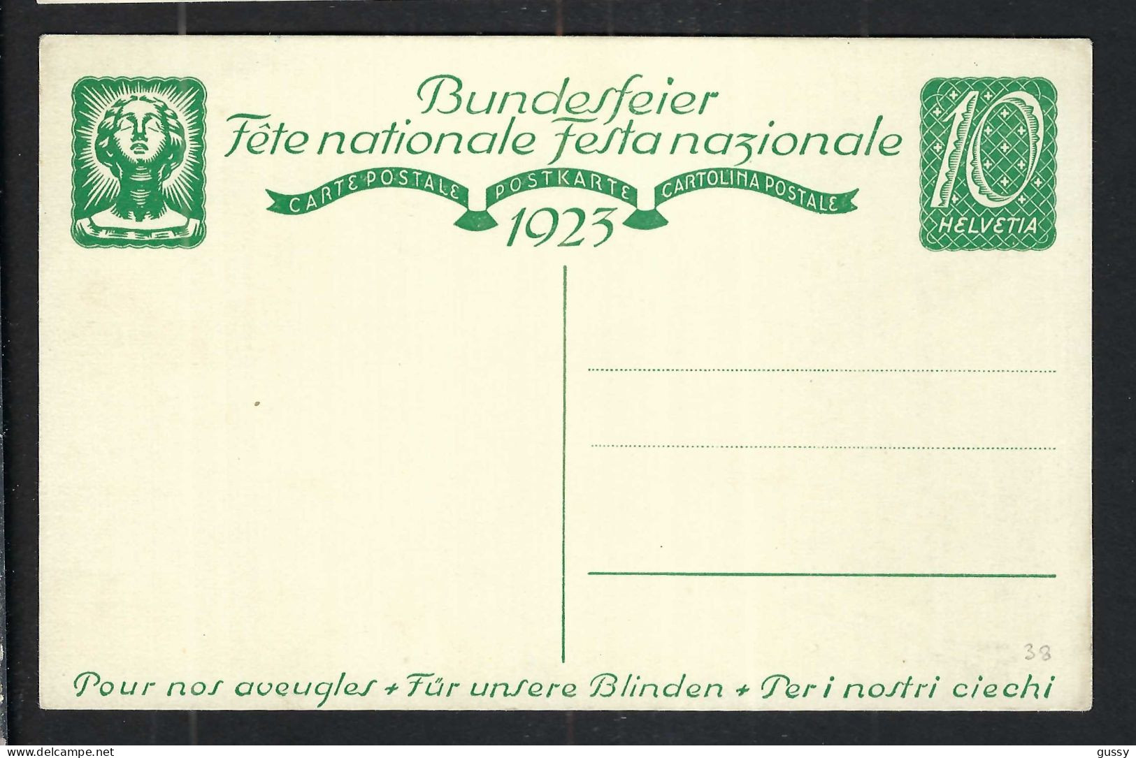 SUISSE Ca.1923: CP Ill. Entier De 10c De La Fête Nationale Suisse, Neuve - Entiers Postaux