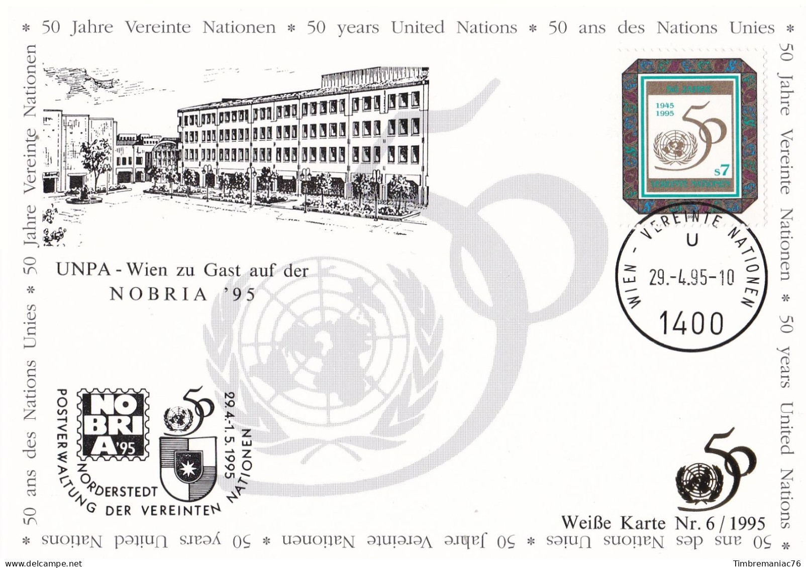 Nations Unies Vienne. Carte Postale 1995 YT 198 Oblitéré 1er Jour - Maximumkarten