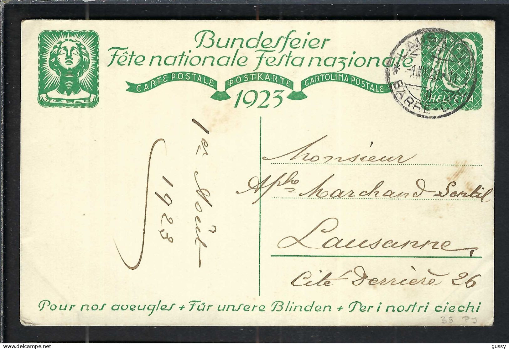 SUISSE Ca.1923: CP Ill. Entier De 10c De La Fête Nationale Suisse, Obl. CAD Lausanne Pour Lausanne - Entiers Postaux