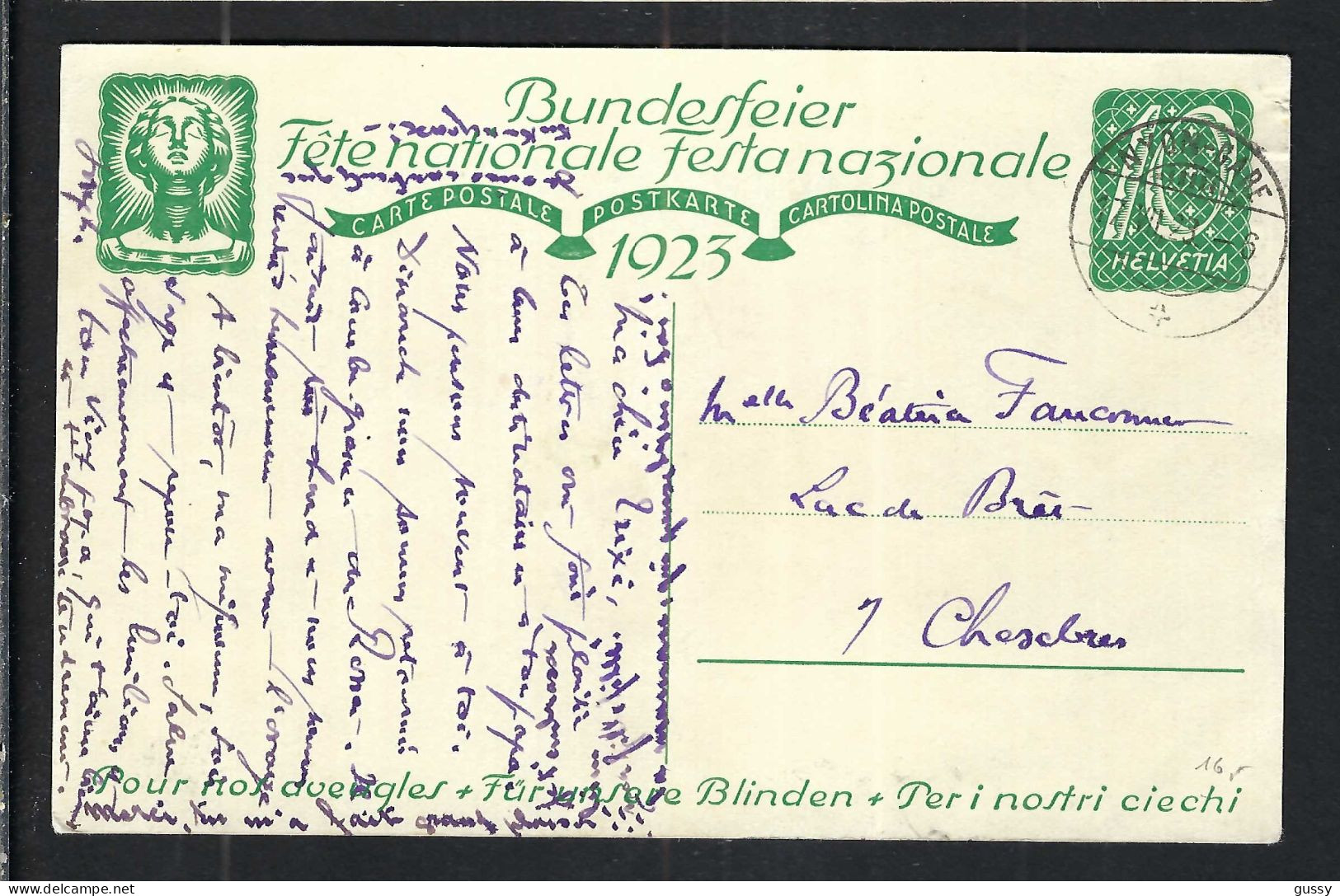 SUISSE Ca.1923: CP Ill. Entier De 10c De La Fête Nationale Suisse, Obl. CAD Lausanne Pour Lausanne - Entiers Postaux