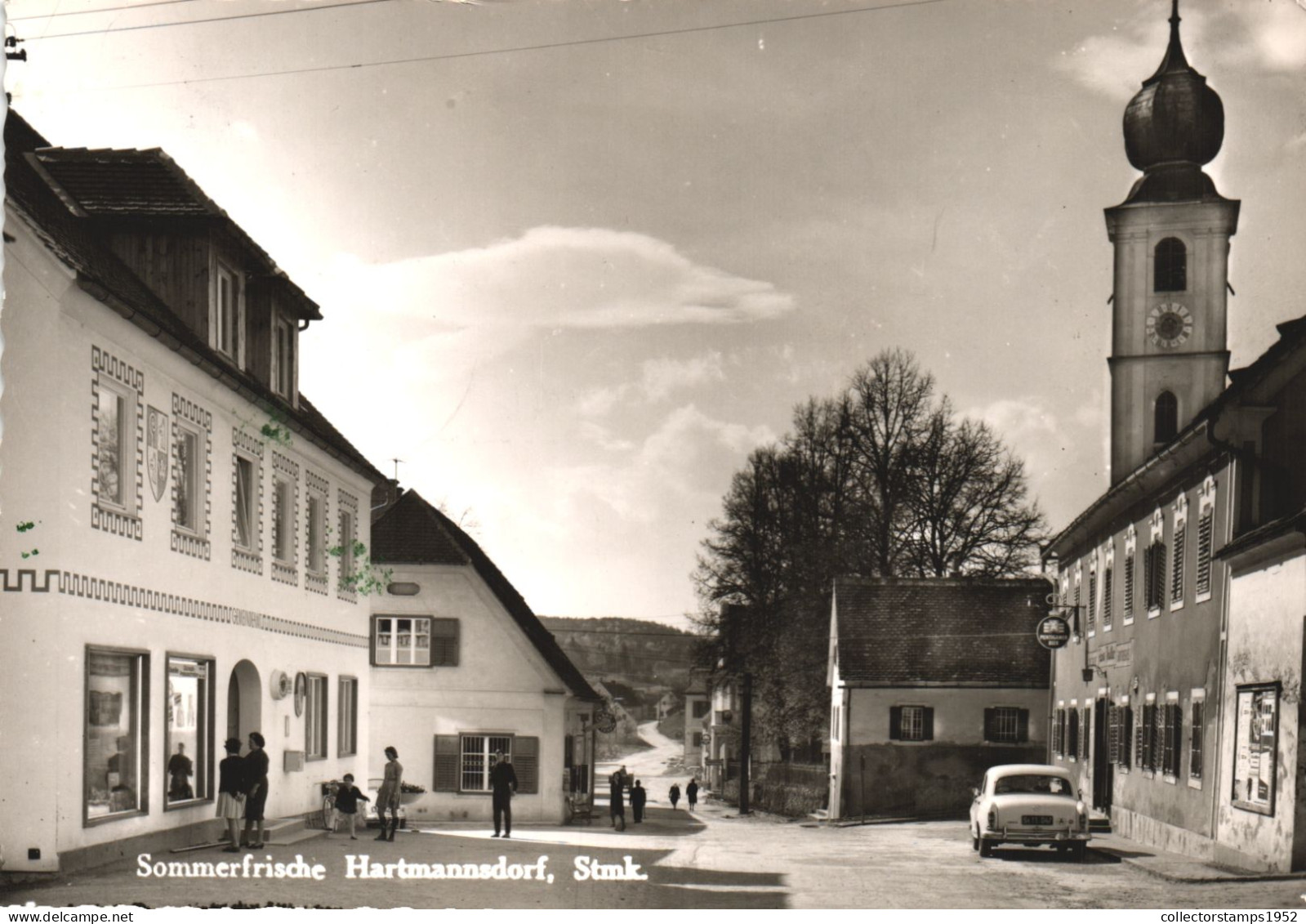 HARTMANNSDORF, ARCHITECTURE, CAR, CHURCH, TOWER WITH CLOCK, GERMANY, POSTCARD - Hartmannsdorf