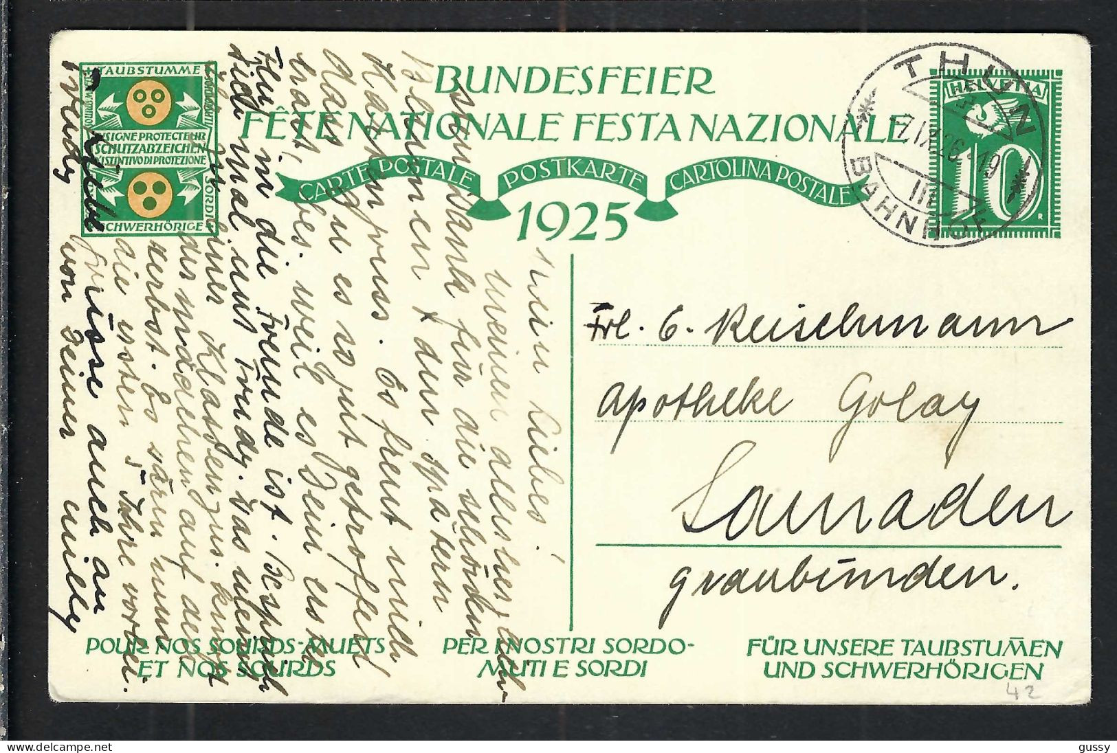 SUISSE Ca.1925: CP Ill. Entier De 10c De La Fête Nationale Suisse, Obl. CAD Thun (BE) Pour Samaden (GR) - Entiers Postaux