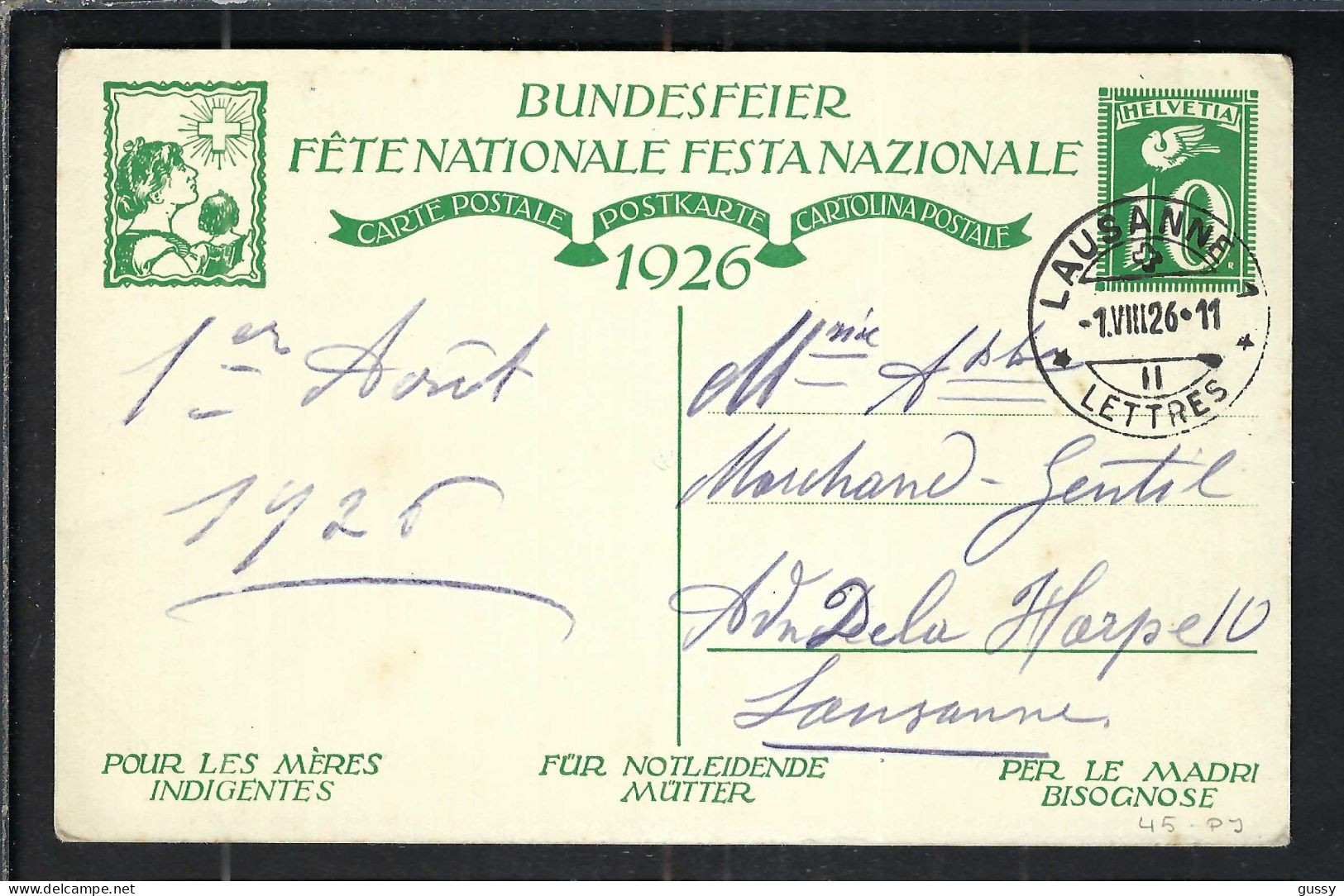 SUISSE Ca.1926: CP Ill. Entier De 10c De La Fête Nationale Suisse, Obl. CAD Lausanne (VD) Pour Lausanne (VD) - Entiers Postaux