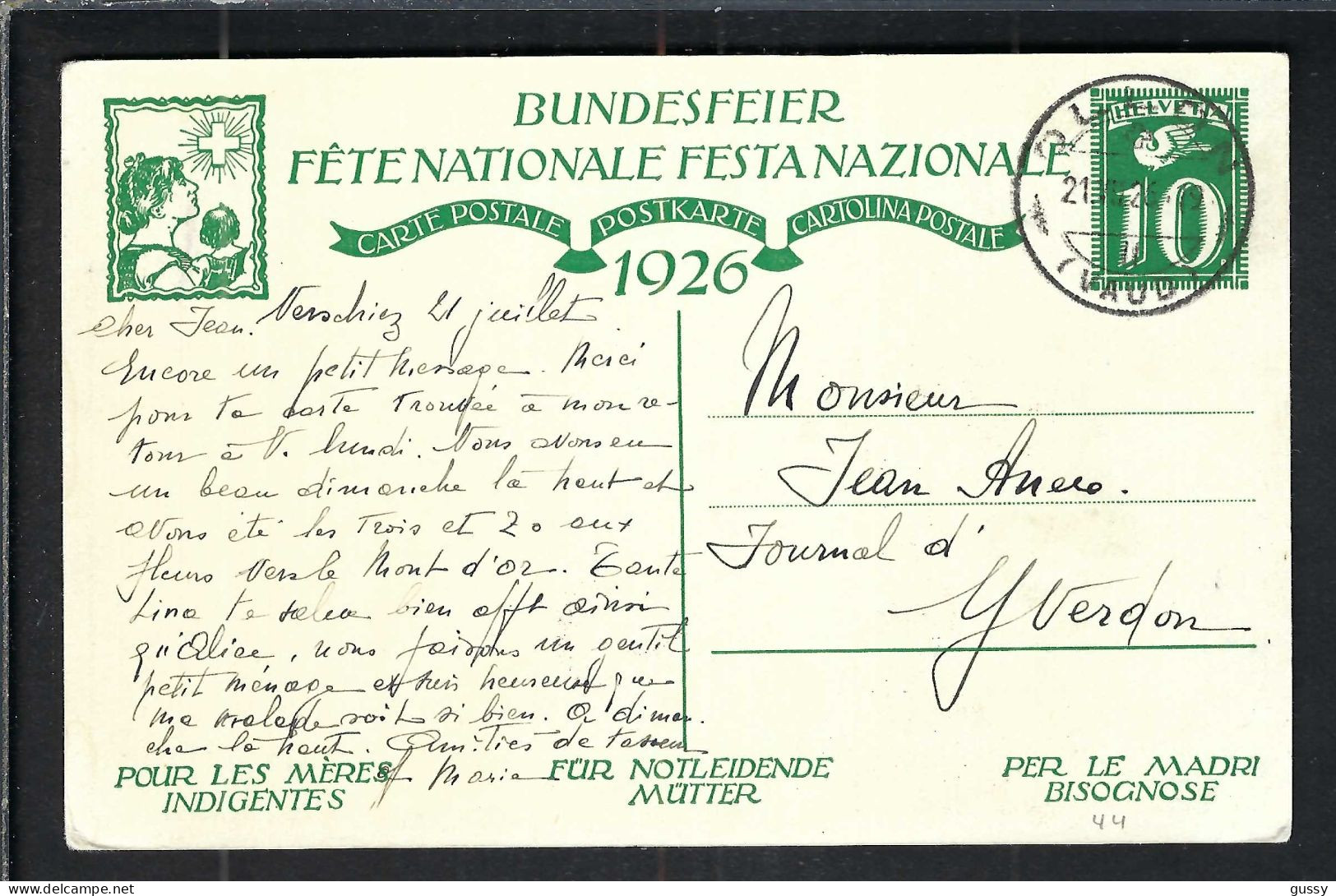 SUISSE Ca.1926: CP Ill. Entier De 10c De La Fête Nationale Suisse, Obl. CAD Ollon (VD) Pour Yverdon (VD) - Entiers Postaux