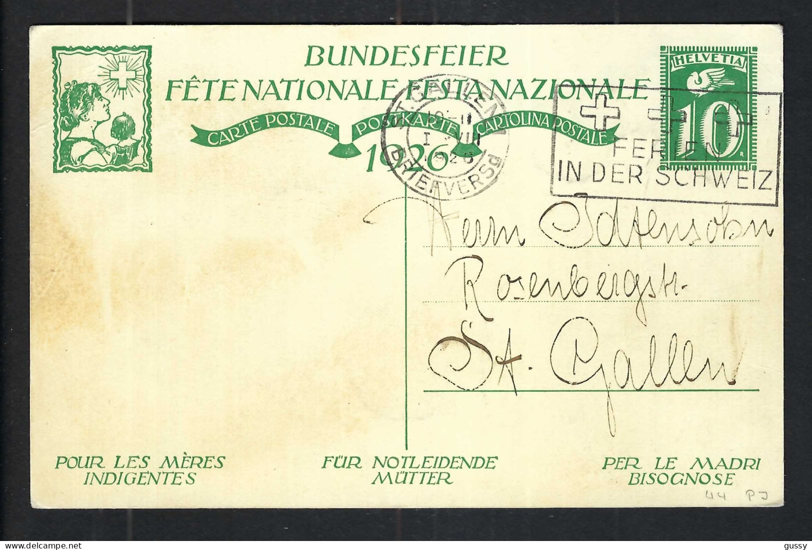 SUISSE Ca.1926: CP Ill. Entier De 10c De La Fête Nationale Suisse, Obl. CAD St Gallen (SG) Pour St Gallen (SG) - Entiers Postaux