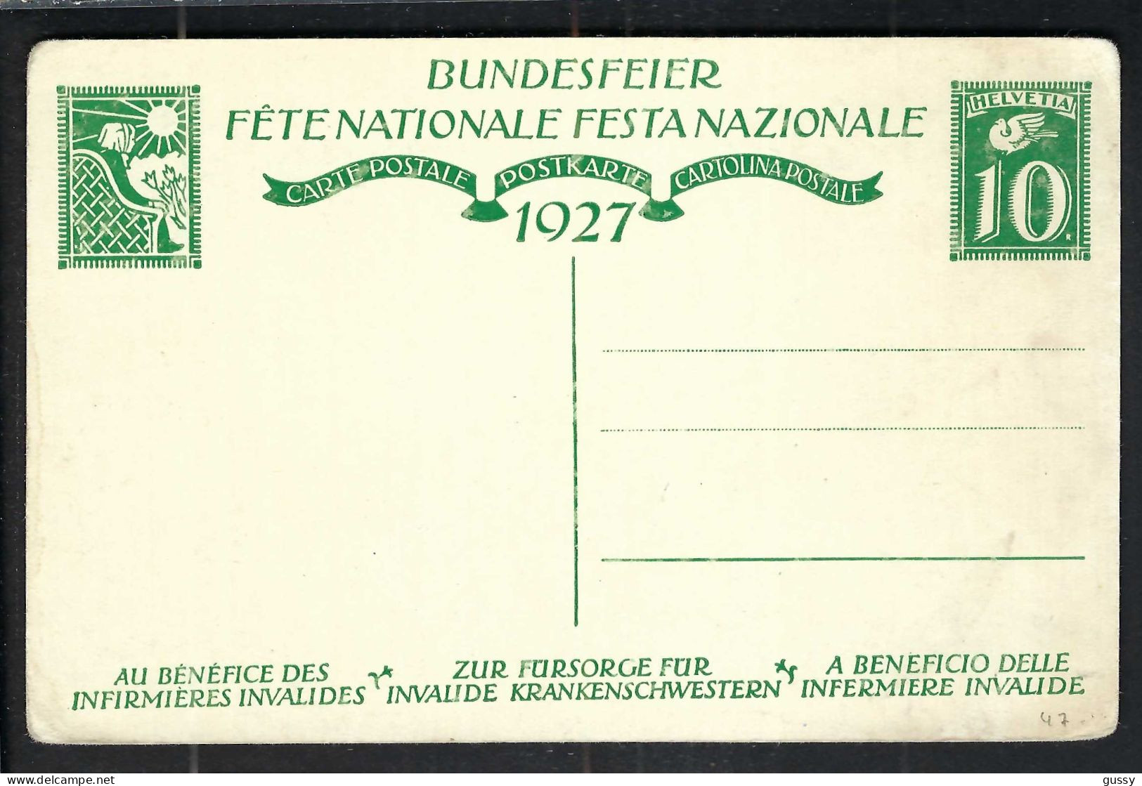 SUISSE Ca.1927: CP Ill. Entier De 10c De La Fête Nationale Suisse, Neuve - Entiers Postaux