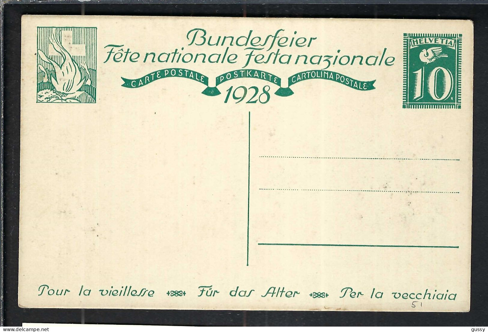 SUISSE Ca.1928: CP Ill. Entier De 10c De La Fête Nationale Suisse, Neuve - Entiers Postaux