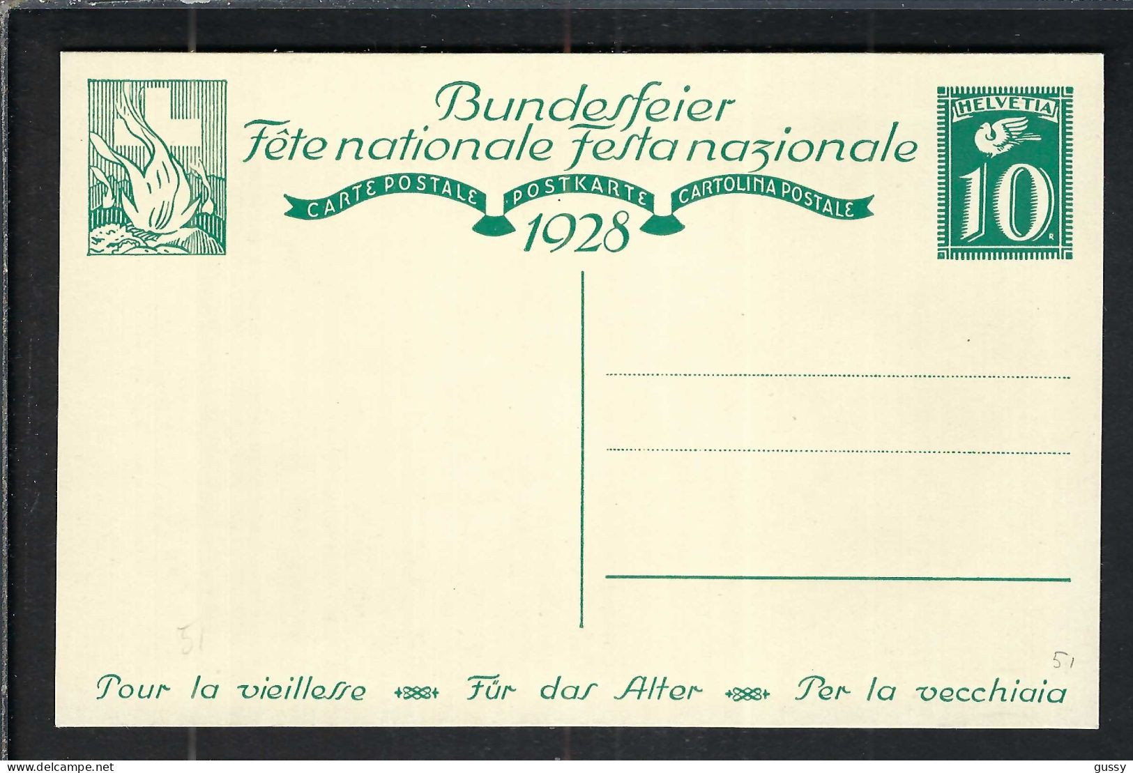 SUISSE Ca.1928: CP Ill. Entier De 10c De La Fête Nationale Suisse, Neuve - Entiers Postaux