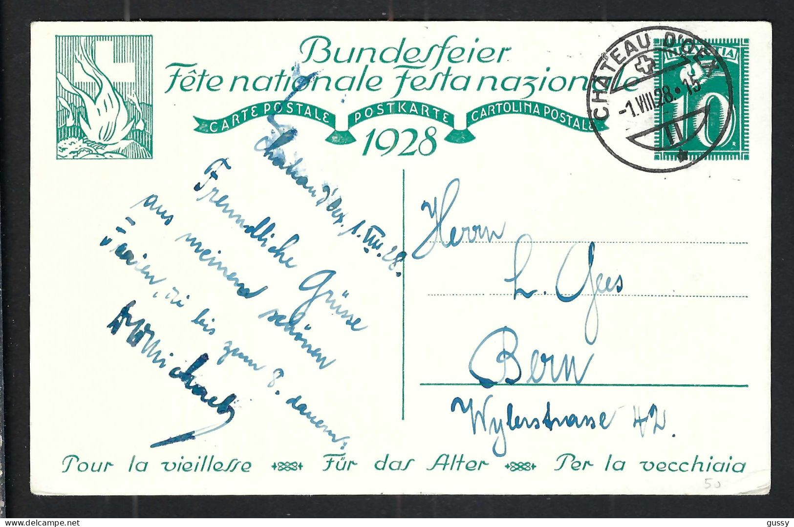 SUISSE Ca.1928: CP Ill. Entier De 10c De La Fête Nationale Suisse, Obl. CAD Château D'Oex (VD) Pour Berne (BE) - Entiers Postaux
