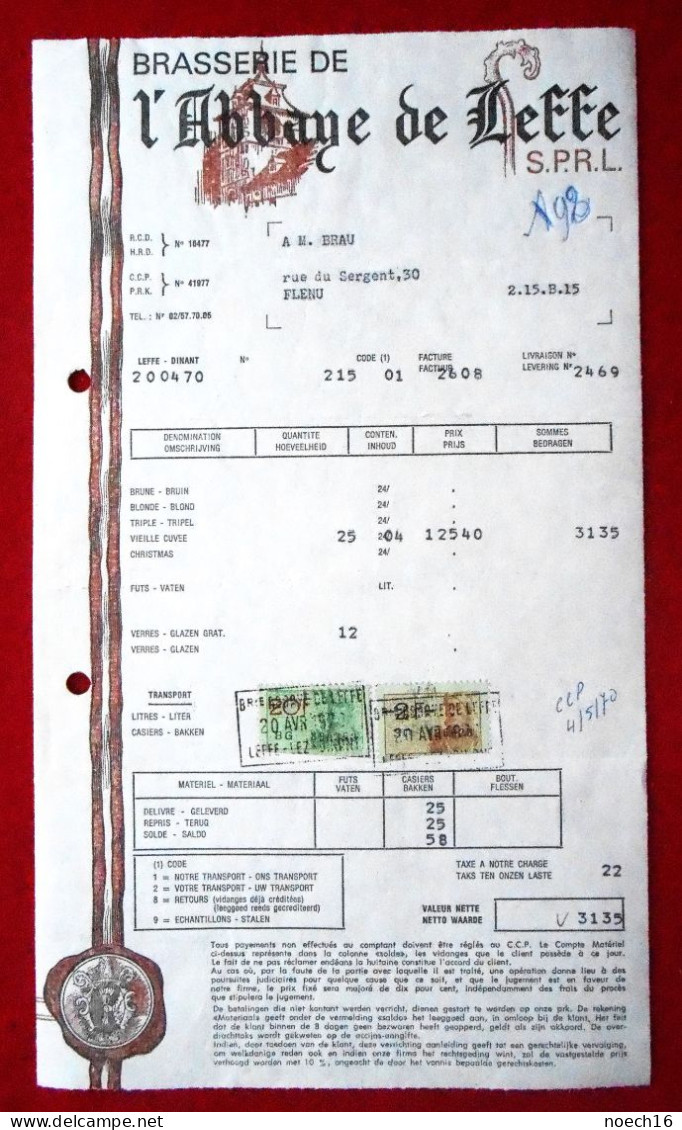 Facture Brasserie De L'Abbaye De Leffe 1970 - 1950 - ...