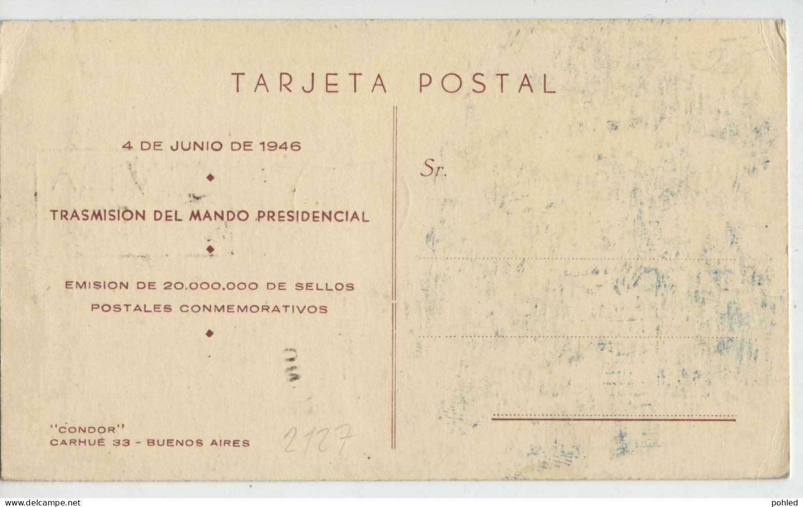 01037*ARGENTINA*BUENOS AIRES*COMMEMORATIVE POSTCARD*FDC*TRASMISION DEL MANDO PRESIDENCIAL*1946 - FDC