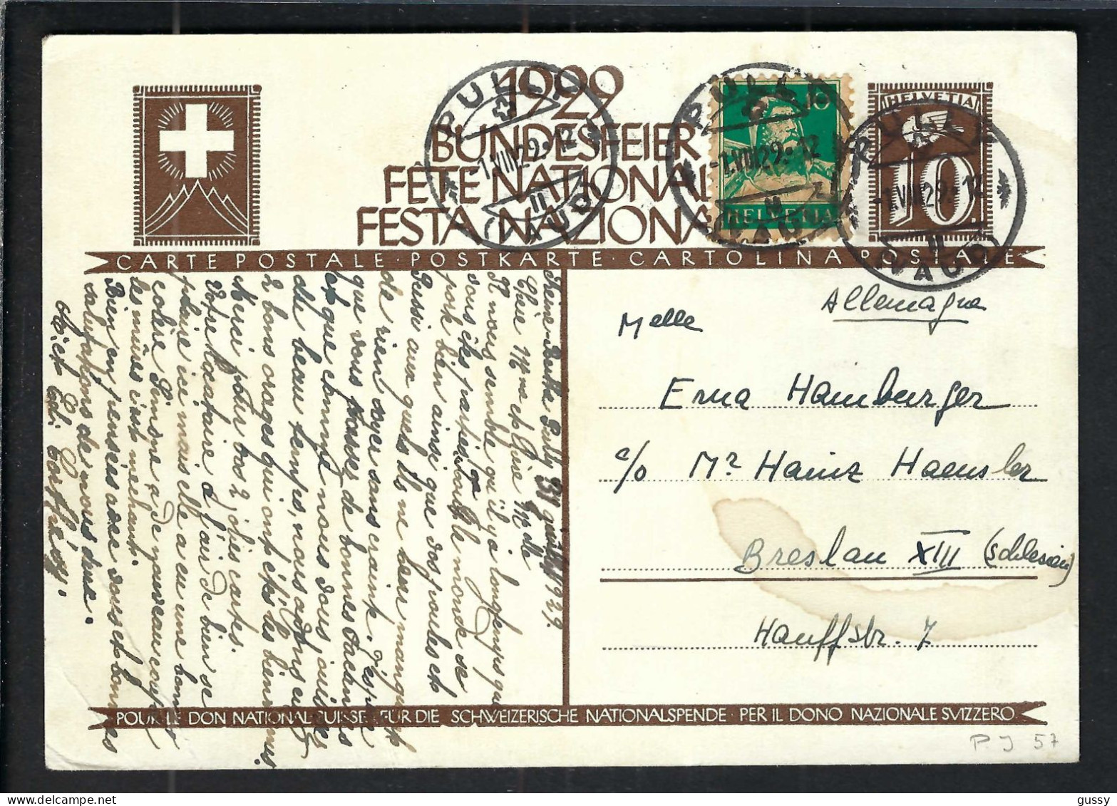 SUISSE Ca.1929: CP Ill. Entier De 10c De La Fête Nationale Suisse, Obl. CAD Pully (VD) à Breslau (Allemagne - Entiers Postaux