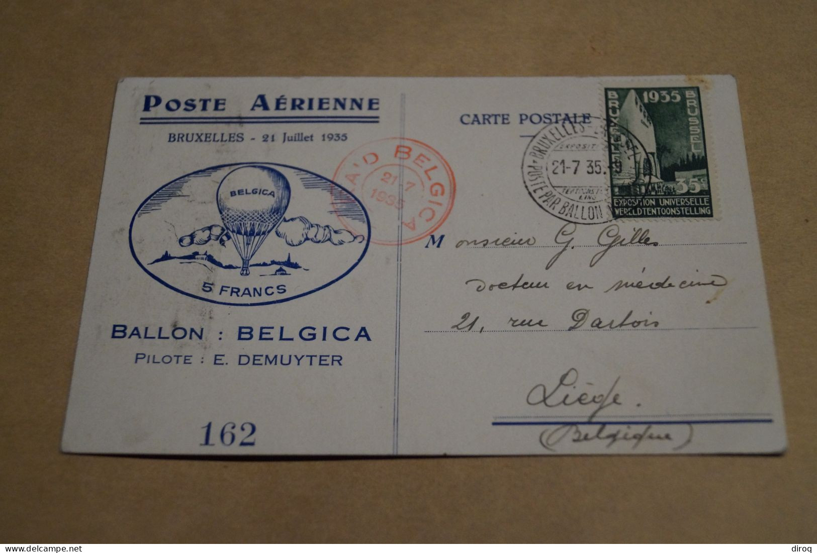Très Bel Envoi Poste Aérienne,1935,Ballon Belgica 162 , Collection ,collector - Covers & Documents